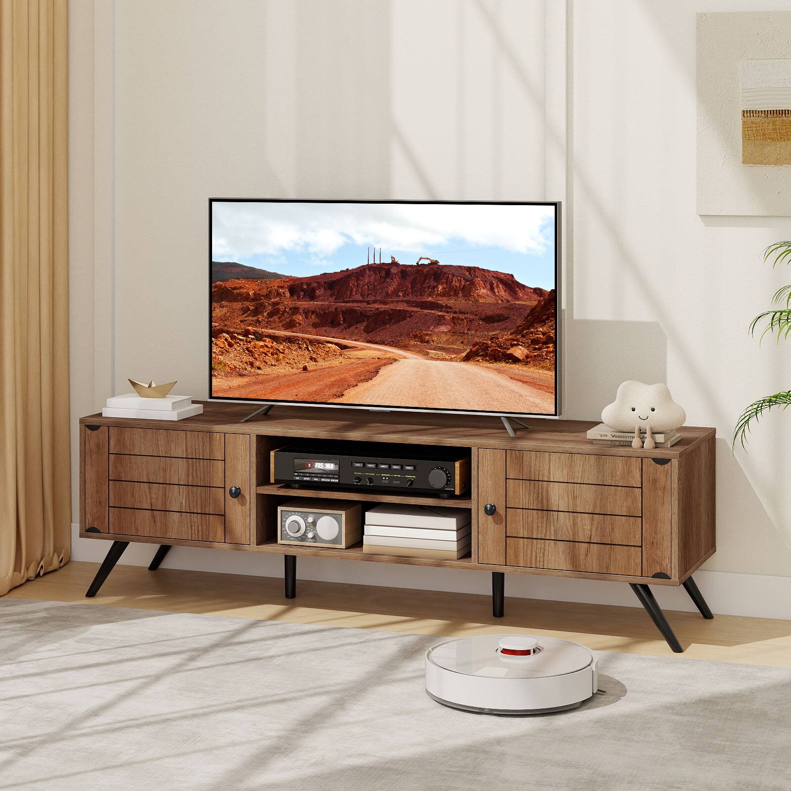 Alt View 8. Gymax - Gymax TV Stand w/2 Storage Cabinets & Open Shelves 6 Support Feet for Living Room - Brown.