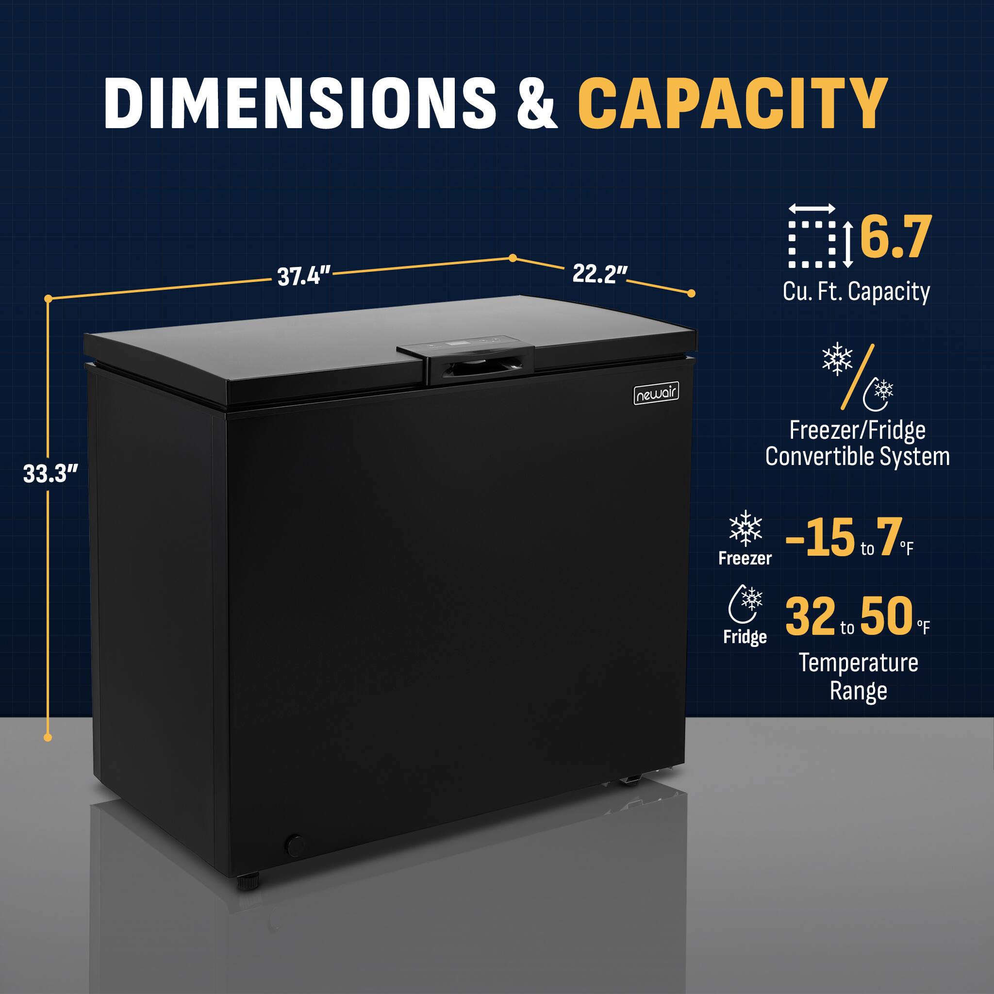 **DIMENSIONS & CAPACITY**

- **Dimensions:**
  - Height: 33.3"
  - Width: 37.4"
  - Depth: 22.2"

- **Capacity:**
  - 6.7 Cu. Ft.

- **Features:**
  - Freezer/Fridge Convertible System

- **Temperature Range:**
  - Freezer: -15 to 7°F
  - Fridge: 32 to 50°F