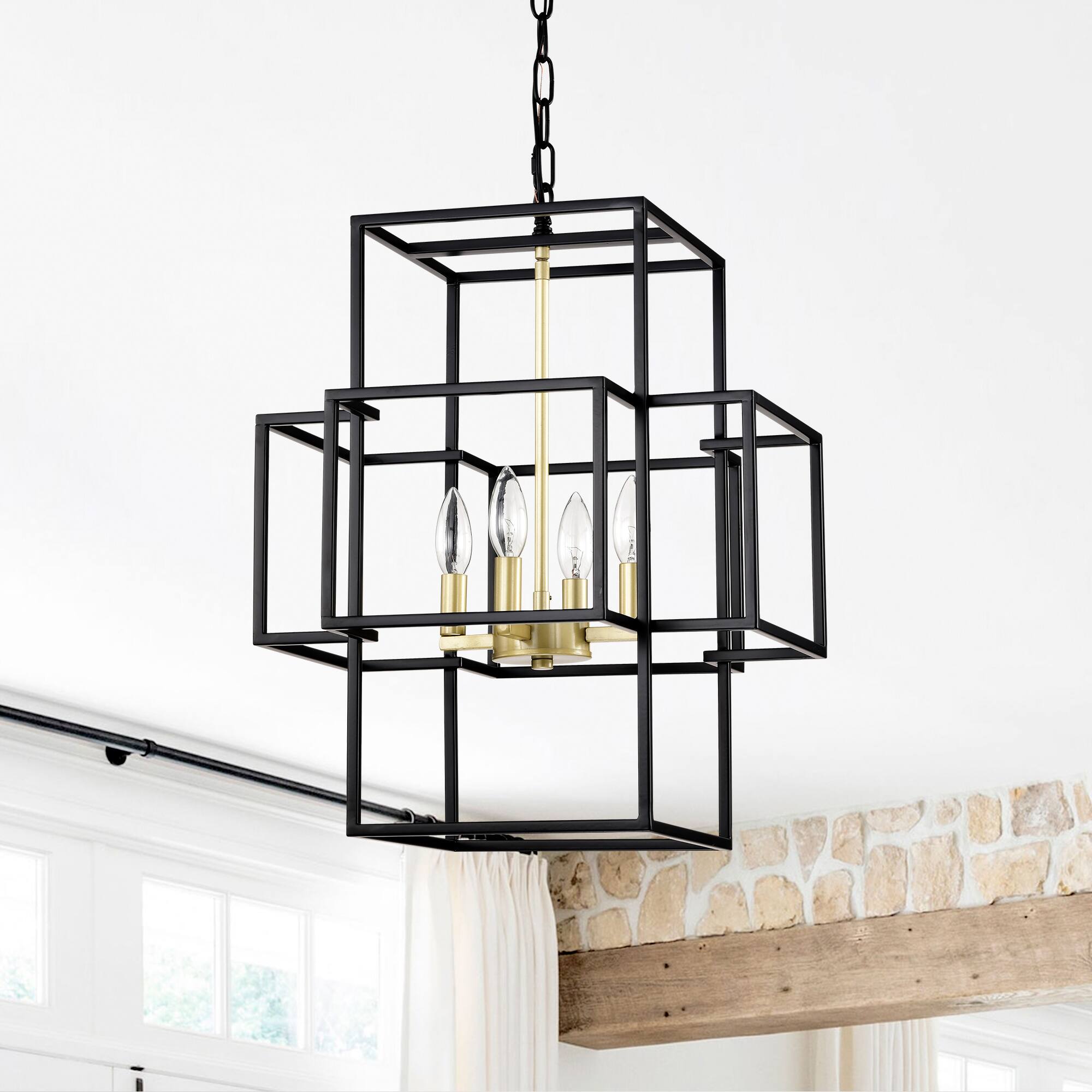 Angle. APRILSOUL - 4Light Metal Lantern Tiered Pendant Hanging Light Fixtures Adjustable Height Matte Black and Gold E12 Bulbs Not Included.