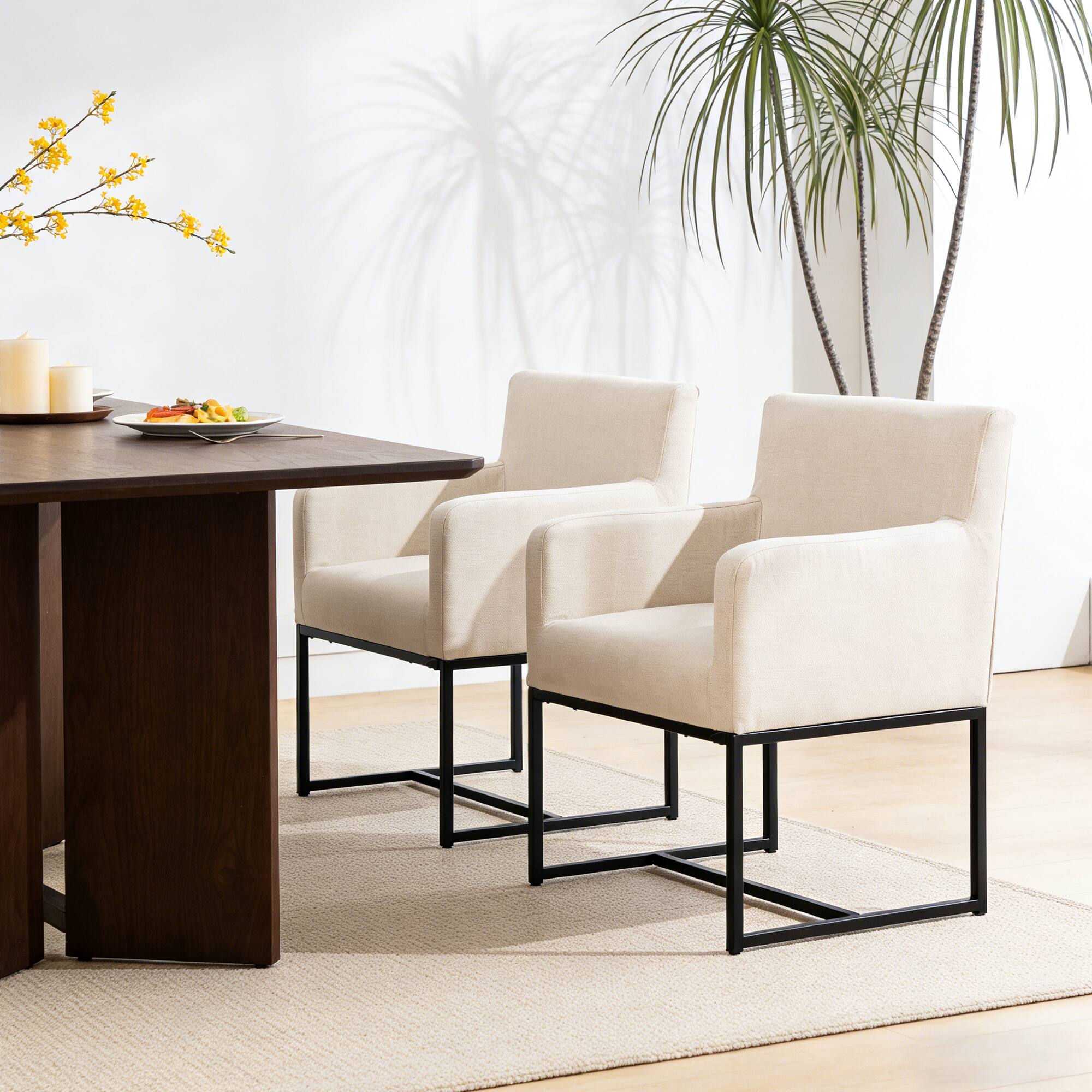 Alt View 3. KERDOM - Linen Padded Dining Chairs with Arms Set of 2, Restaurant Armchairs, Reading Accent Chair, Upholstered Kitchen Chair - Linen.