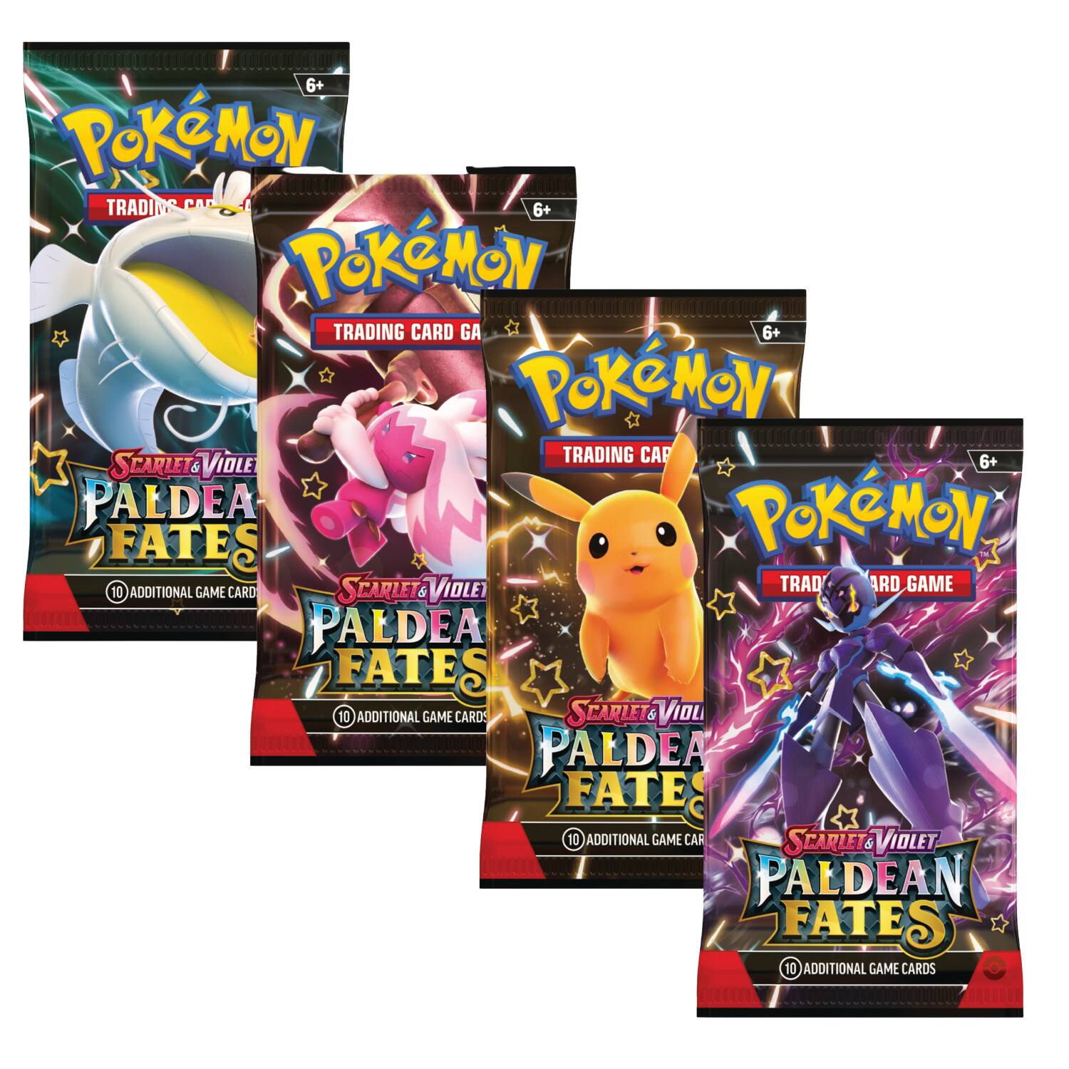 6+ Pokémon Trading Card Game  
6+ Pokémon Trading Card Game  
6+ Pokémon Trading Card Game  
Scarlet & Violet Paldea Pokémon Fates  
Scarlet & Violet Paldea Fates  
10 Additional Game Cards  
Scarlet & Violet Paldea Fates  
10 Additional Game Cards  
Scarlet & Violet Paldean Fates  
10 Additional Game Cards