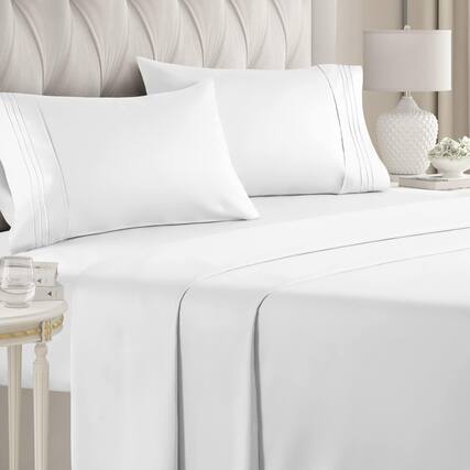 Front. CGK Linens - Luxury Soft 4 Piece Solid Bed Sheet Set - Deep Pocket Fits 8"-16" Mattresses - Queen - White.