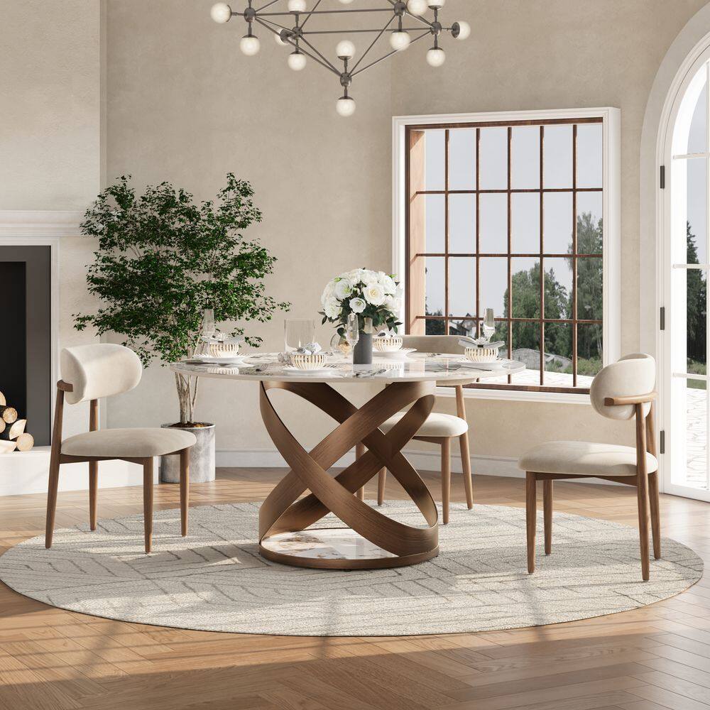 Left. POVISON - 51" Modern Gold Round Dining Table for 4, Pandora Glossy Sintered Stone Tabletop with Bronze X Carbon Steel Base - Pandora Glossy Sintered Stone with Bronze.