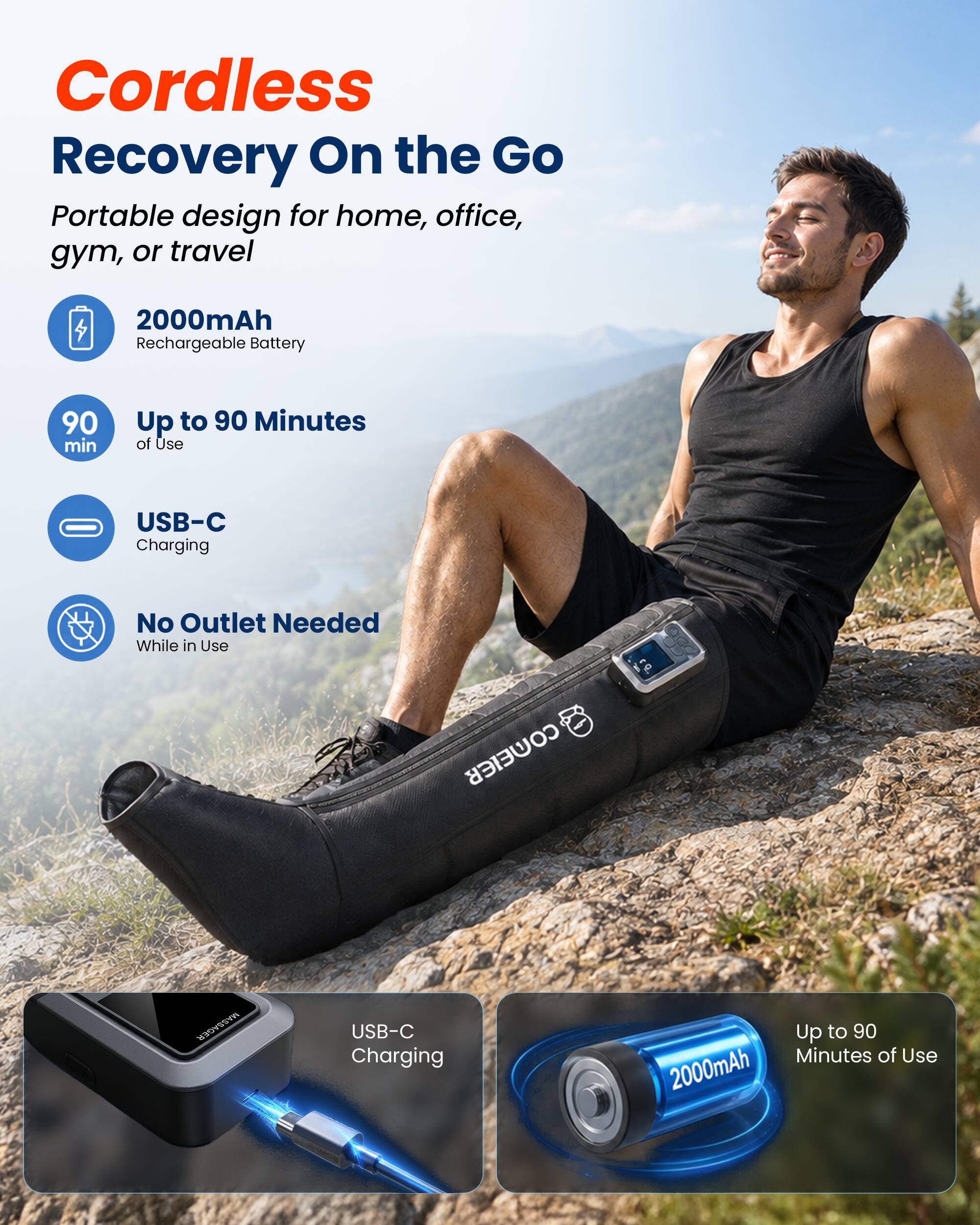 Cordless Recovery On the Go  
Portable design for home, office, gym, or travel  

2000mAh Rechargeable Battery  
Up to 90 Minutes of Use  
USB-C Charging  
No Outlet Needed While in Use