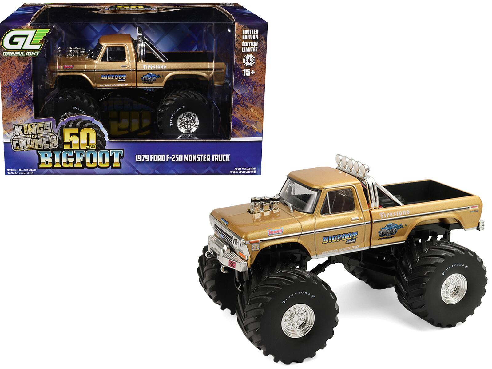 GL GREENLIGHT Soa BIGFOOT - Firestone  
LIMITED EDITION  
1:43  
15+  
KINGS of CALI 50 YEARS  
BIGFOOT 1979 FORD F-250 MONSTER TRUCK  
KC Firestone  
C85 BIGFOOT
