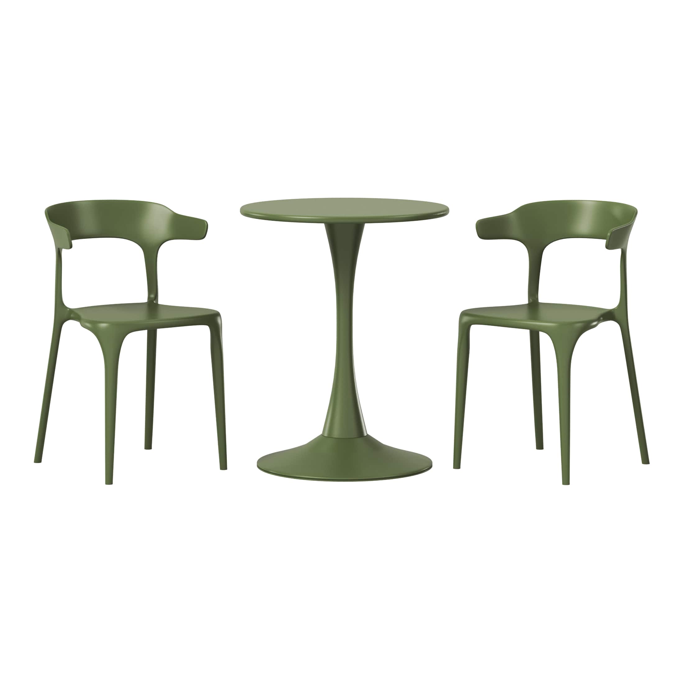 WestinTrends - Playa 3-Piece Outdoor Metal Patio Dining Table Set With Stackable Modern Patio Side Chairs - Olive Green