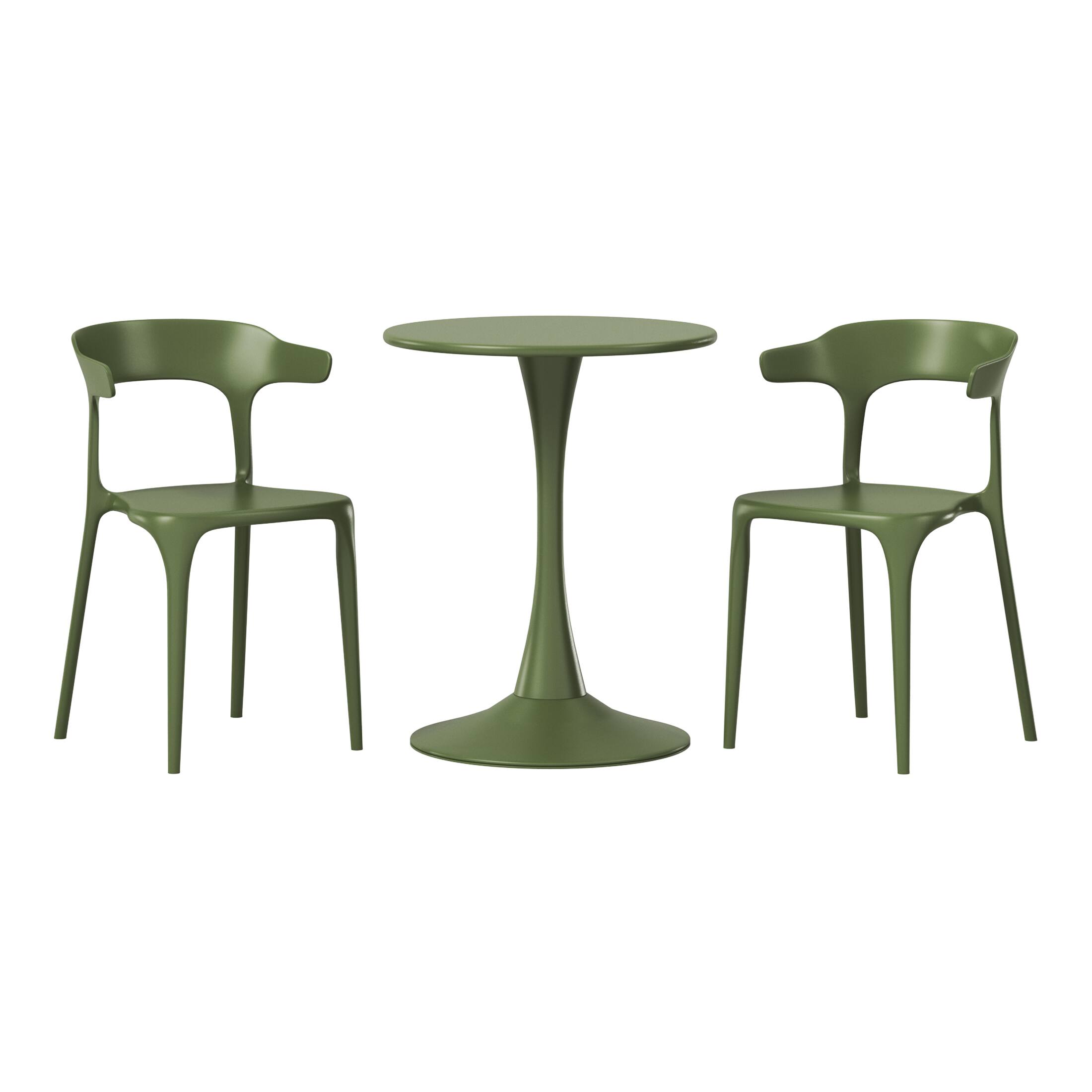 Front. WestinTrends - WestinTrends Playa 3-Piece Outdoor Metal Patio Dining Table Set With Stackable Modern Patio Side Chairs - Olive Green.