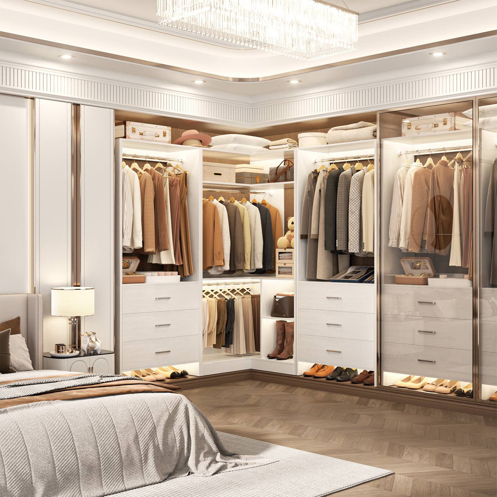 Left. Aheaplus - 55.2'' - 80.9'' W Corner Closet Organizer System with 6 Wooden Drawers and 4 Hanging Rods - White.