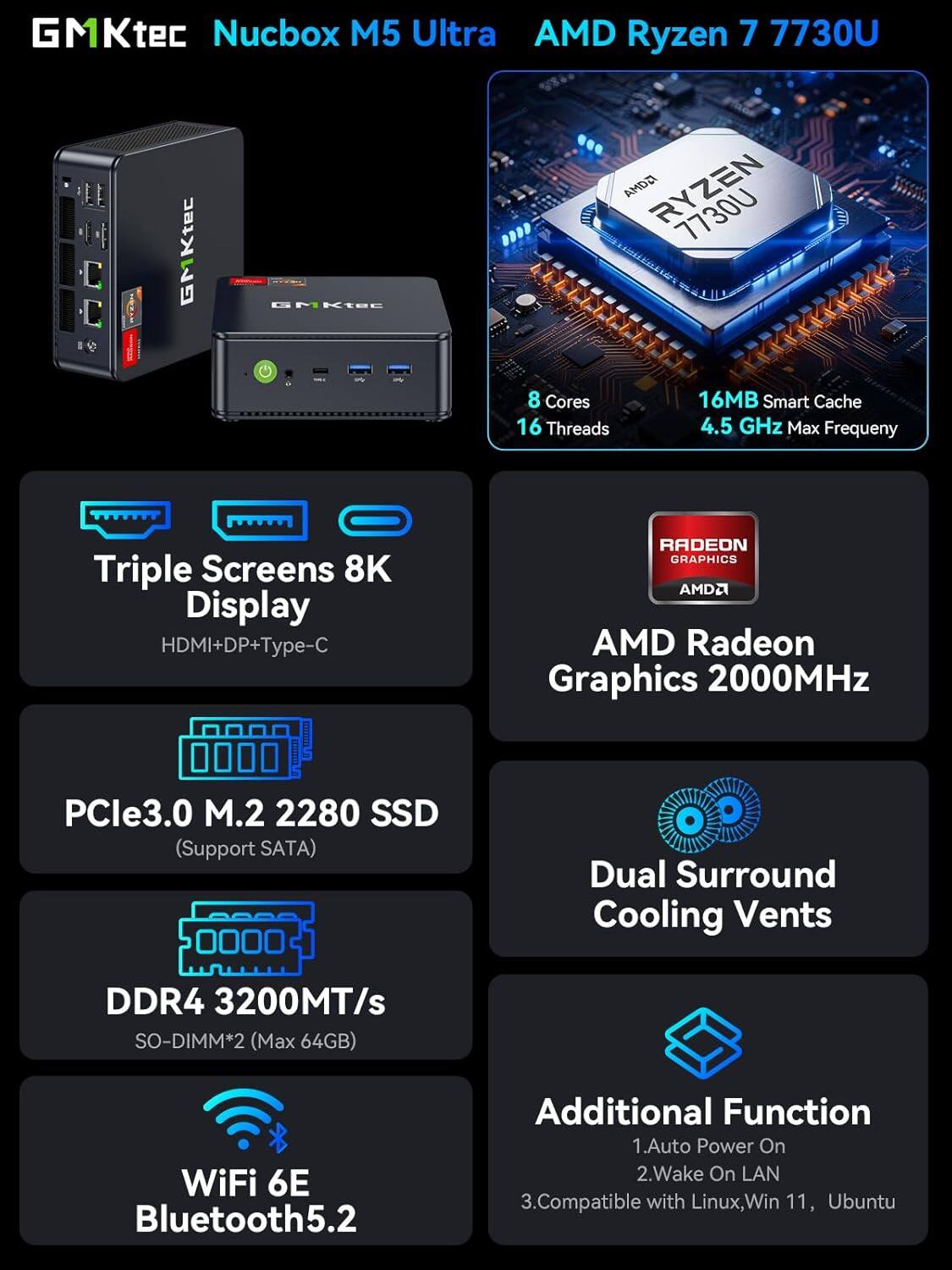 GMKtec Nucbox M5 Ultra  
AMD Ryzen 7 7730U

- 8 Cores
- 16 Threads
- 16MB Smart Cache
- 4.5 GHz Max Frequency

Triple Screens 8K Display  
HDMI+DP+Type-C

AMD Radeon Graphics 2000MHz

PCIe3.0 M.2 2280 SSD  
(Support SATA)

Dual Surround Cooling Vents

DDR4 3200MT/s SO-DIMM*2  
(Max 64GB)

WiFi 6E  
Bluetooth5.2

Additional Function  
1. Auto Power On  
2. Wake On LAN  
3. Compatible with Linux, Win 11, Ubuntu