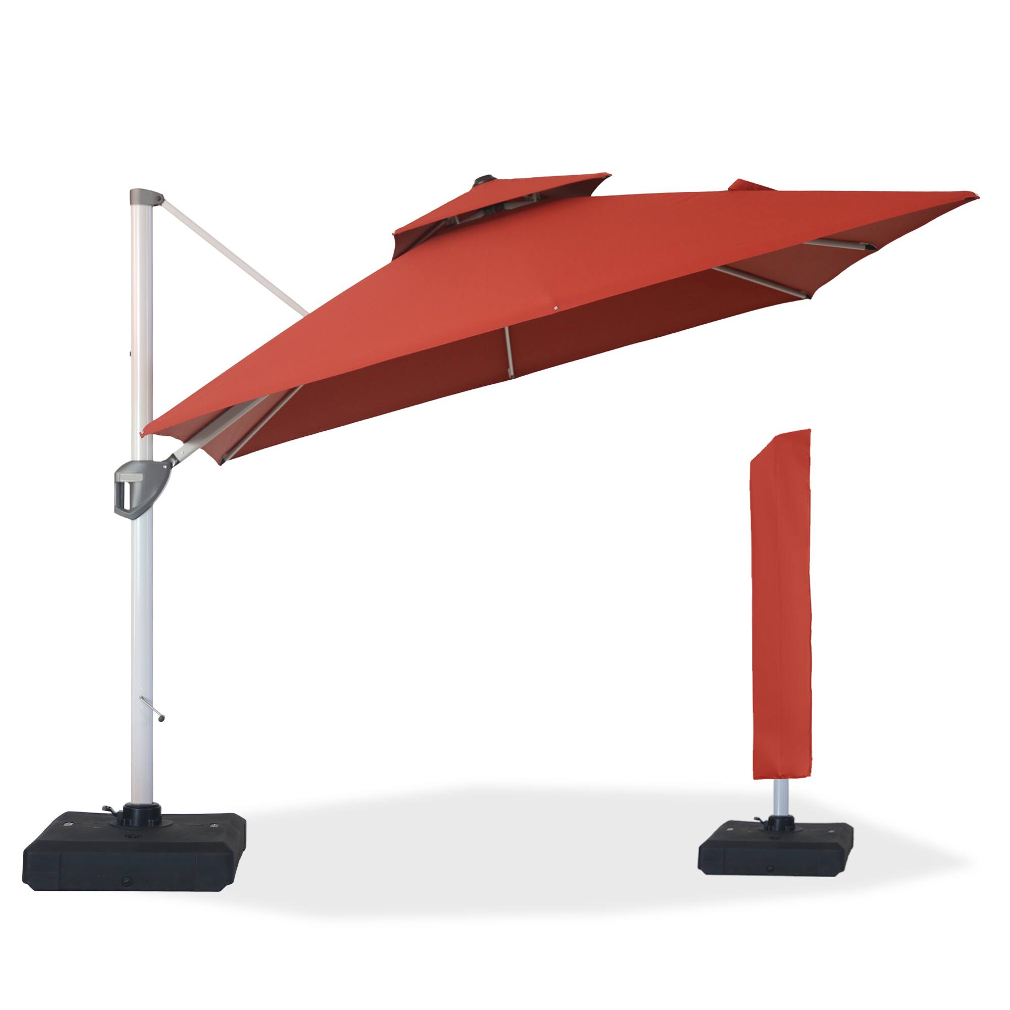 Angle. Mondawe - 10ft. Square Aluminum 360°Cantilever Patio Umbrella with Base - Red.