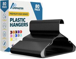 Lifemaster - Plastic Hangers – Heavy Duty, Non-Slip, Space-Saving, Holds 5 lbs, for Clothes, Dresses & Coats, Pack of 80 - Black