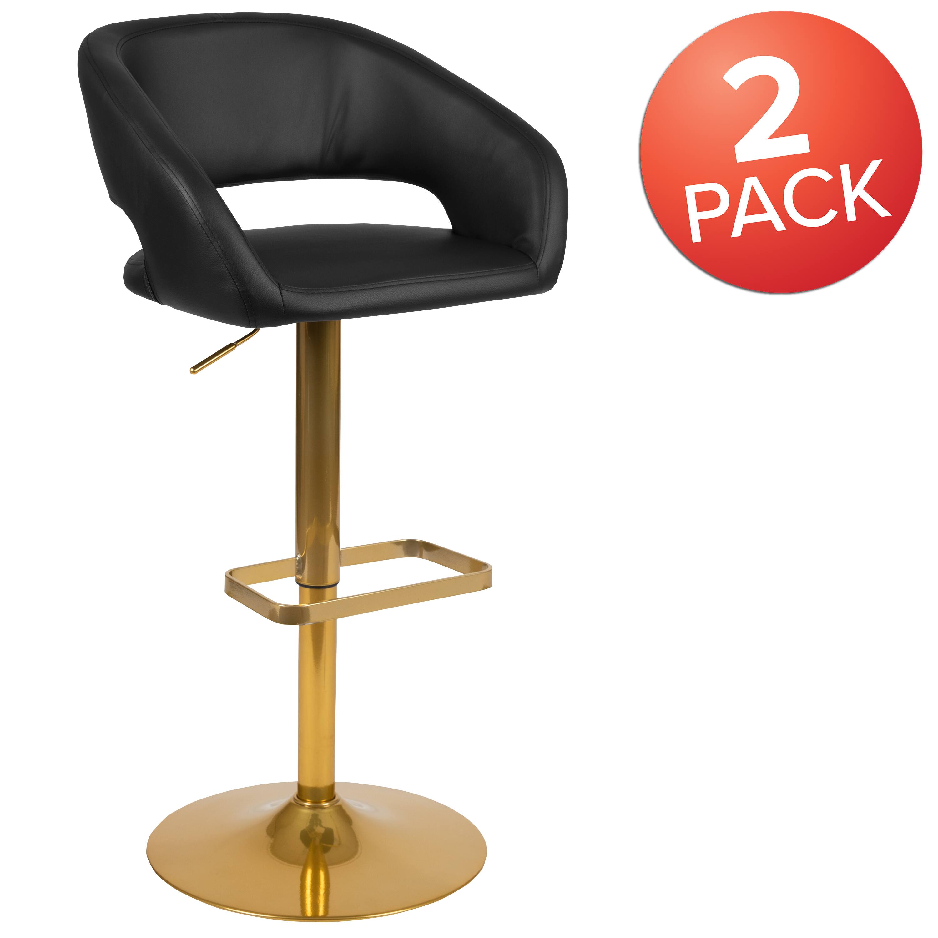 Alt View 2. Emma + Oliver - Modern Vinyl Adjustable Height Barstool with Horizontal Stitch Back, Set of 2 - Black/Gold Frame.