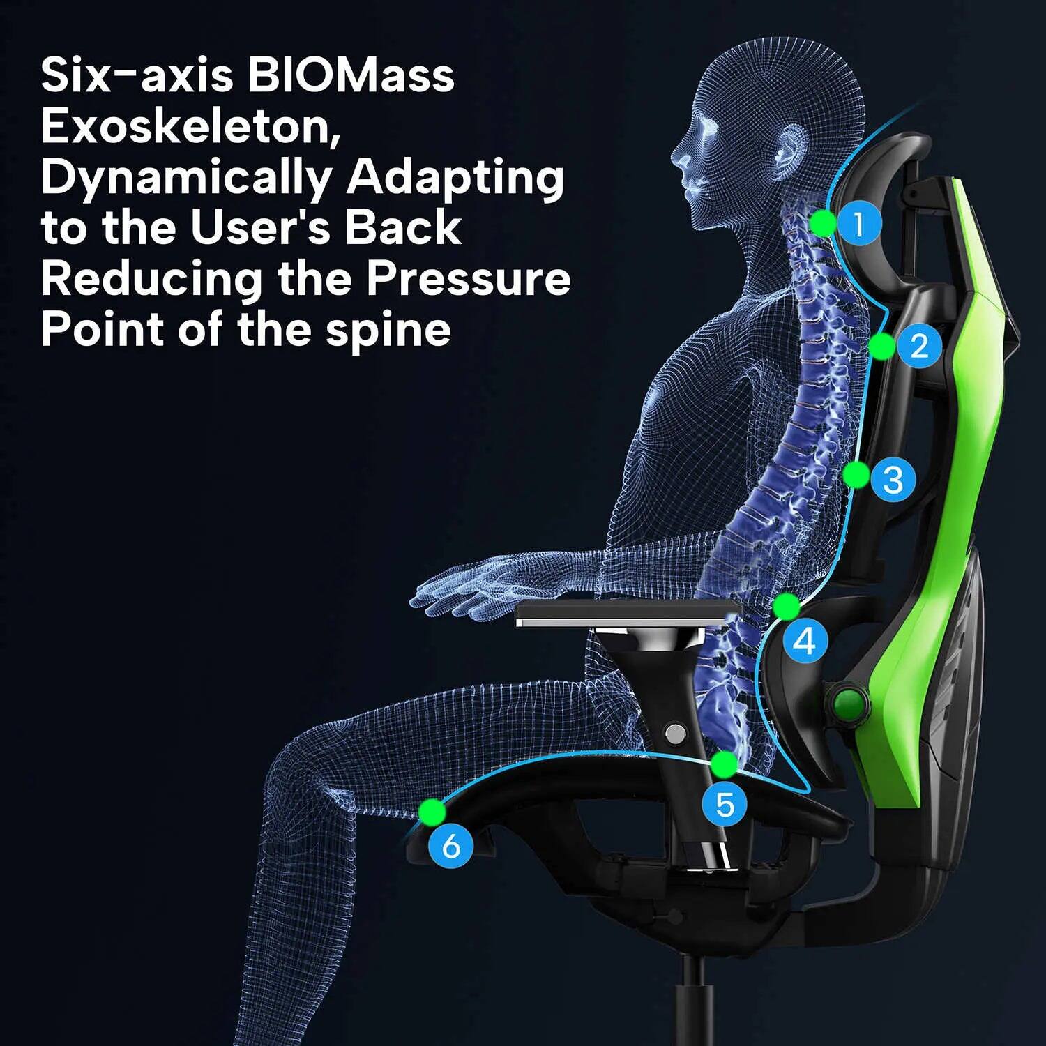 Six-axis BIOMass Exoskeleton, Dynamically Adapting to the User's Back Reducing the Pressure Point of the spine