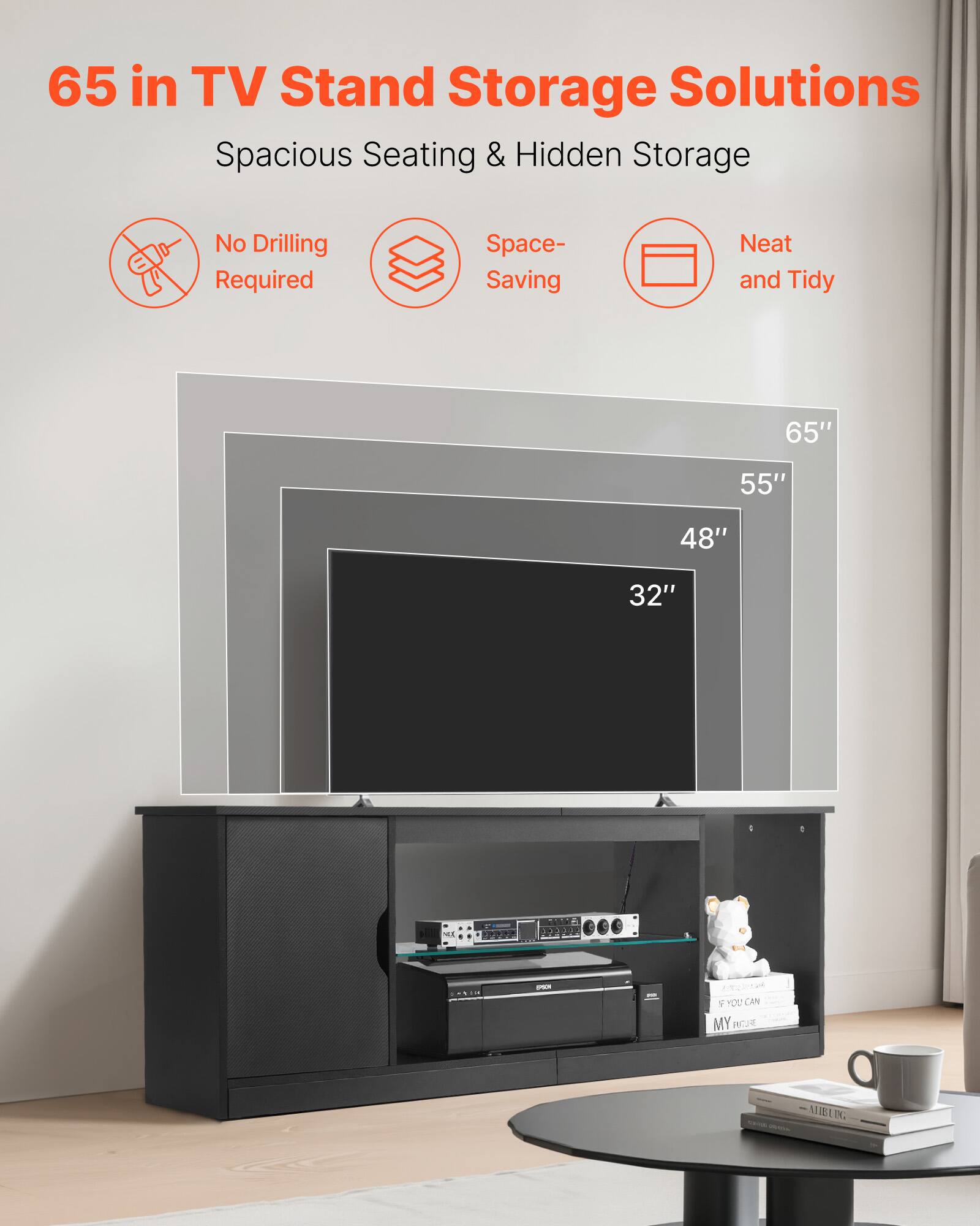 65 in TV Stand Storage Solutions: Spacious Seating & Hidden Storage. No Drilling Required. Space-Saving. Neat and Tidy. Available in 65", 55", 48", 32", and 22".