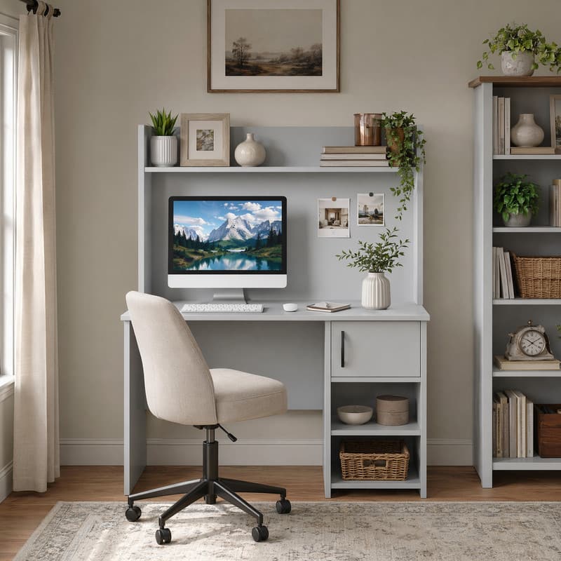 WELLFOR - 41.5" Home Office Desk with Display Shelf and 2 Open Shelves, Computer Desk Writing Study Desk - Gray