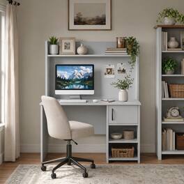 WELLFOR - 41.5" Home Office Desk with Display Shelf and 2 Open Shelves, Computer Desk Writing Study Desk - Gray