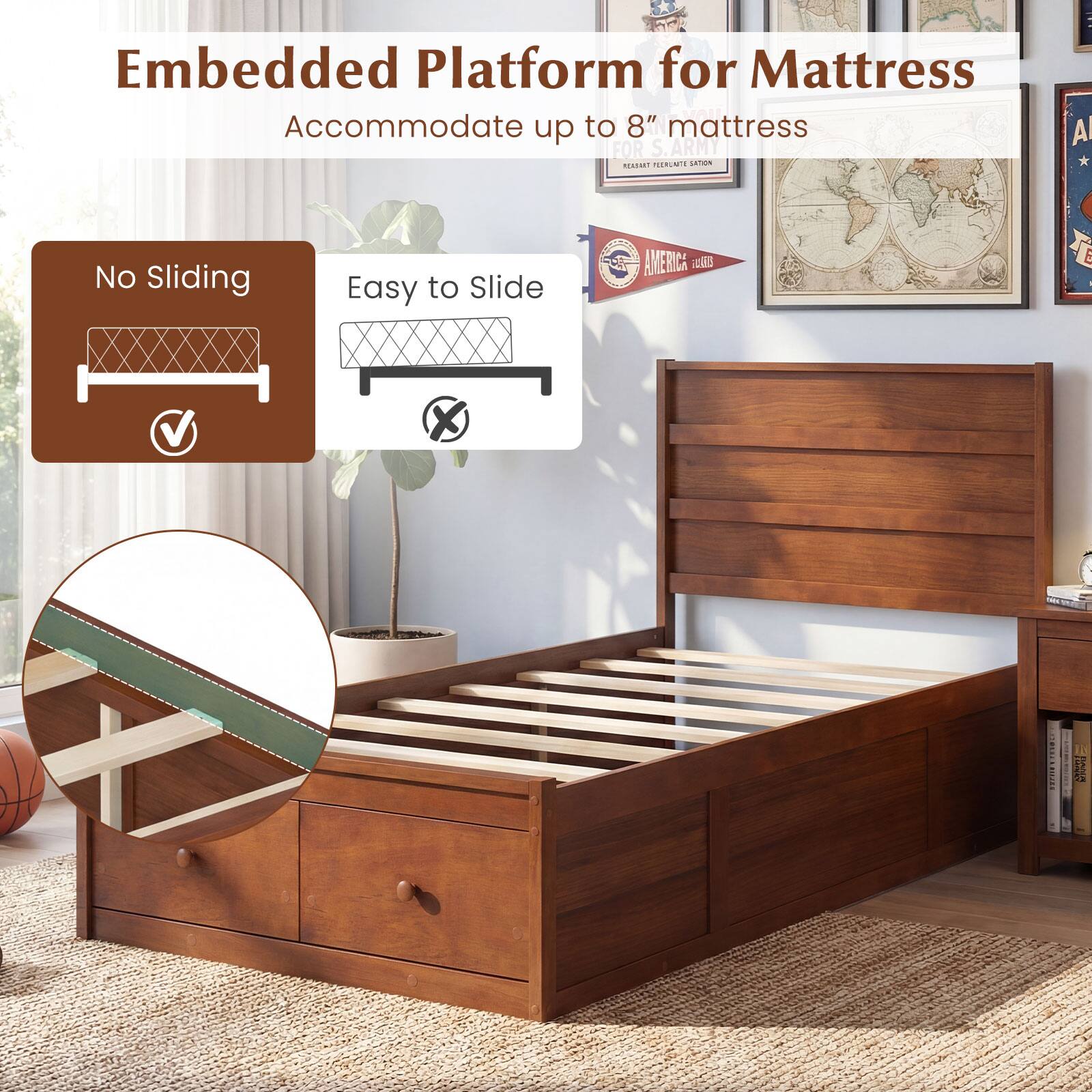 Embedded Platform for Mattress  
Accommodate up to 8" mattress  

No Sliding  
Easy to Slide  

FOR S. ARMY  
MERUNTE sarton: Al * No Sliding Easy to Slide  

6 - ANERICA IM 5 | V X HUA FOO