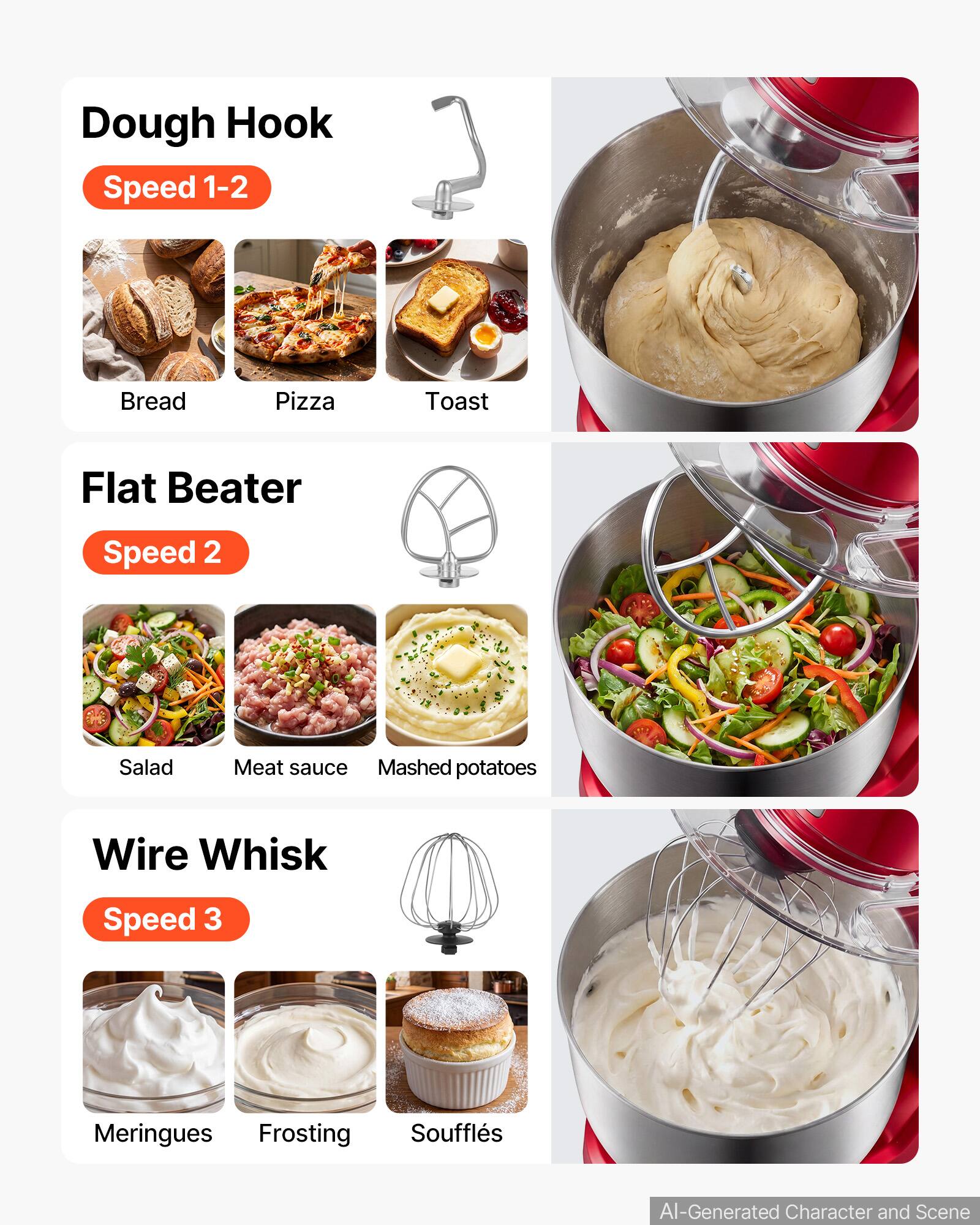 Dough Hook  
Speed 1-2  
Bread  
Pizza  
Toast  

Flat Beater  
Speed 2  
Salad  
Meat sauce  
Mashed potatoes  

Wire Whisk  
Speed 3  
Meringues  
Frosting  
Soufflés  

AI-Generated Character and Scene