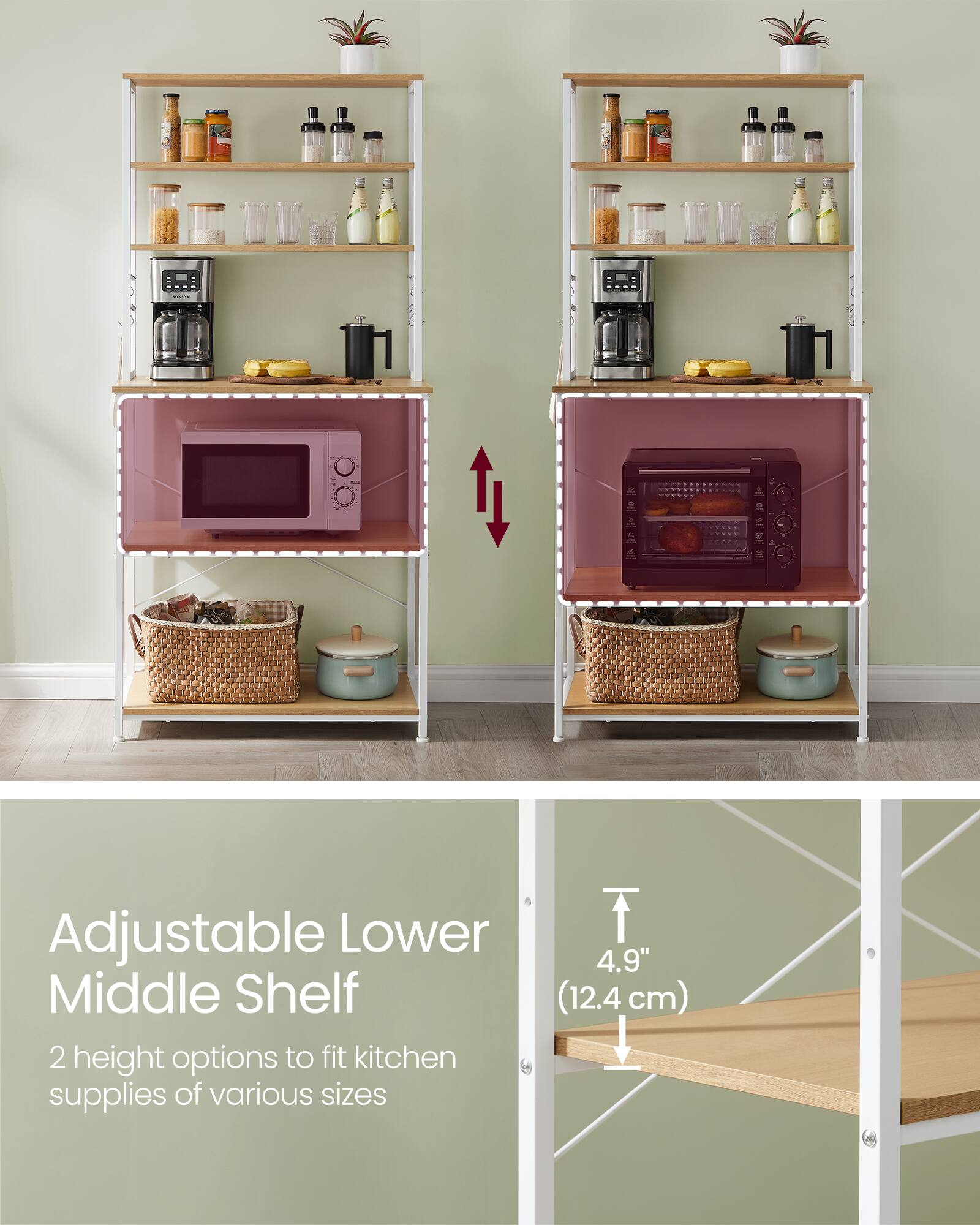 Adjustable Lower Middle Shelf  
2 height options to fit kitchen supplies of various sizes  
4.9" (12.4 cm)