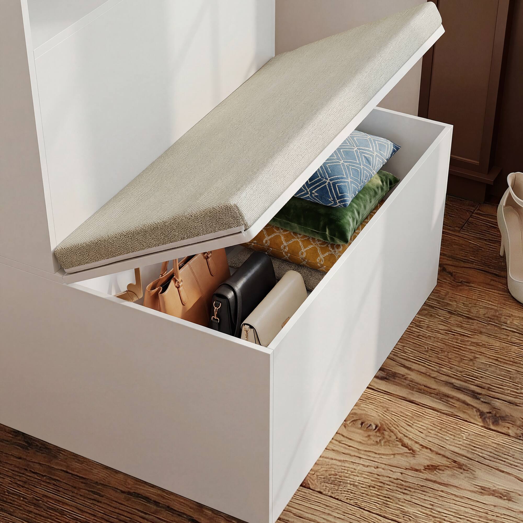 Alt View 6. Famapy - French Cream Entryway Storage Bench with Fluted Glass Cabinet and Cushioned Seat - White.