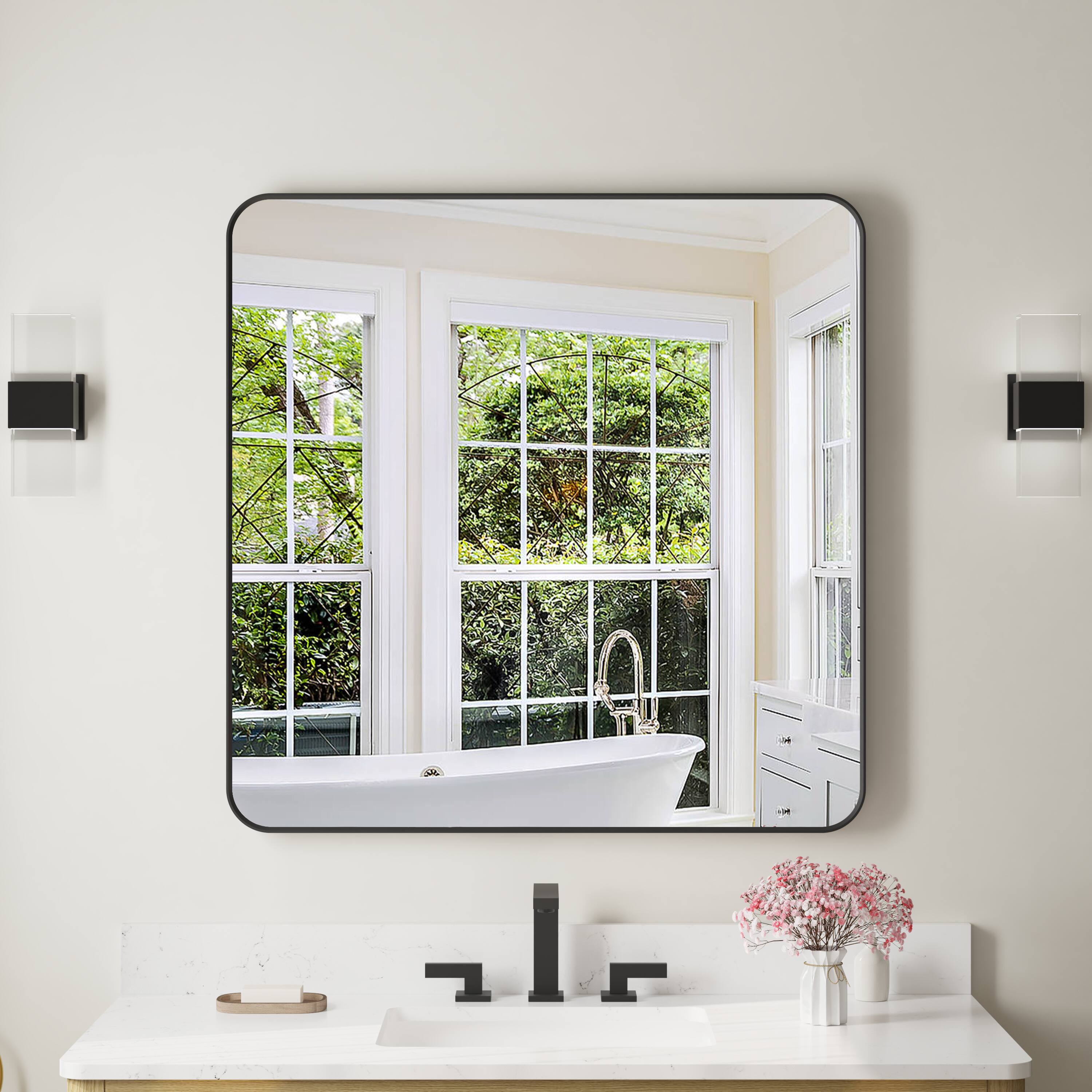 Angle. WELLFOR - 36 in. W. x 36 in. H Square Aluminum Framed Wall-Mounted Bathroom Vanity Mirror - Matte Black.