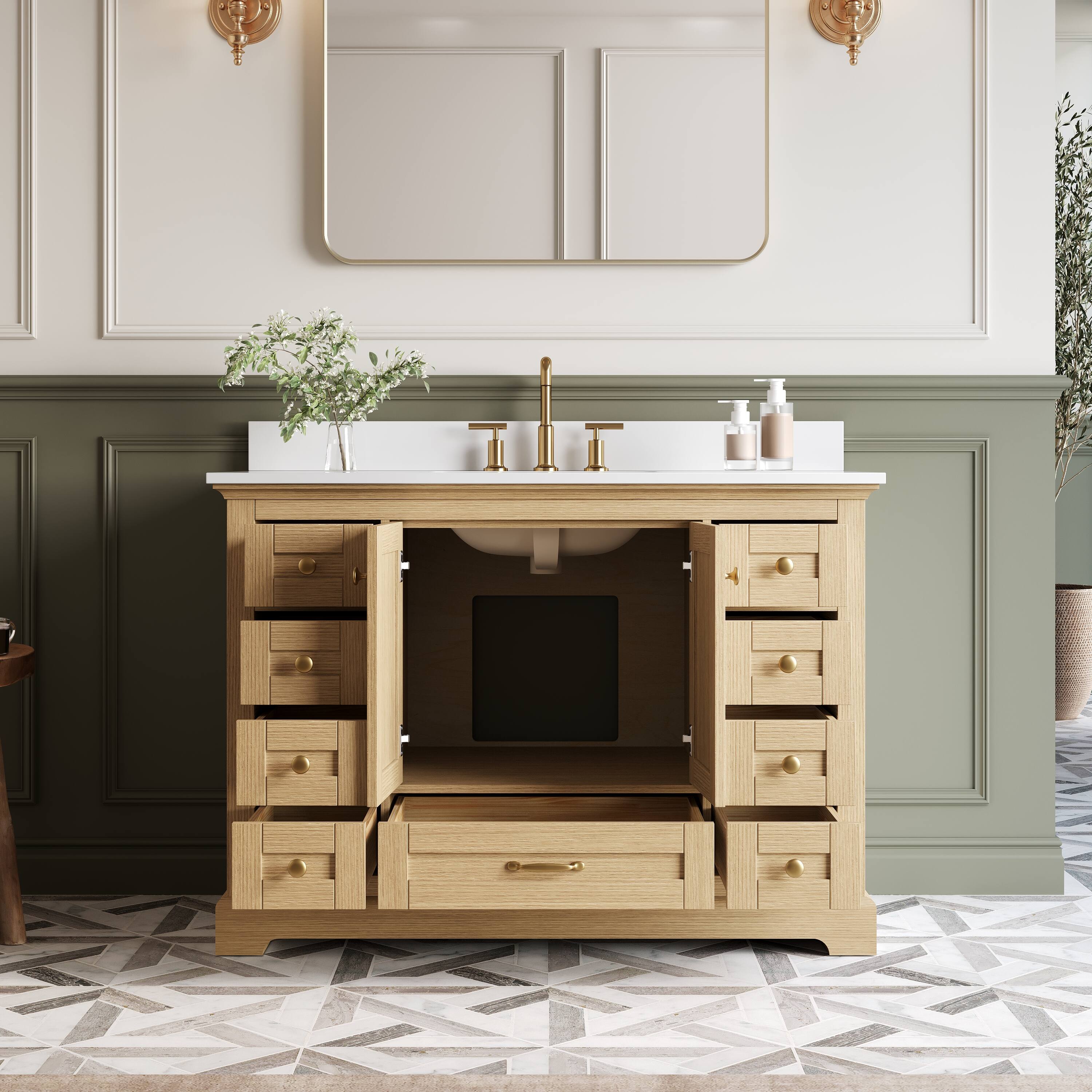 Left. WELLFOR - LVD 48 in. Solid Wood Single Sink Freestanding Bath Vanity with Culutered Marble Top, Assembled - OAK.