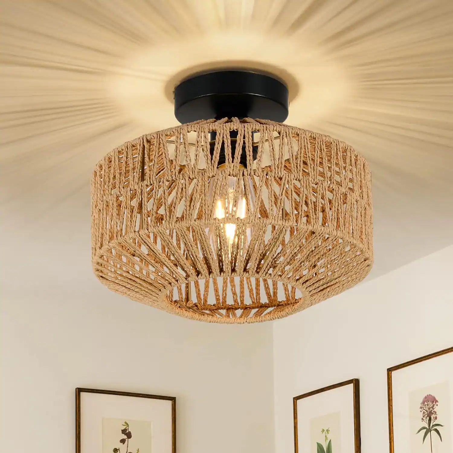 Front. MERAVOM - Boho Light Fixtures, Farmhouse Rattan Ceiling Light, Flush Mount with Hand-Woven Shade,Modern Chandelier for Living Room - Brown.