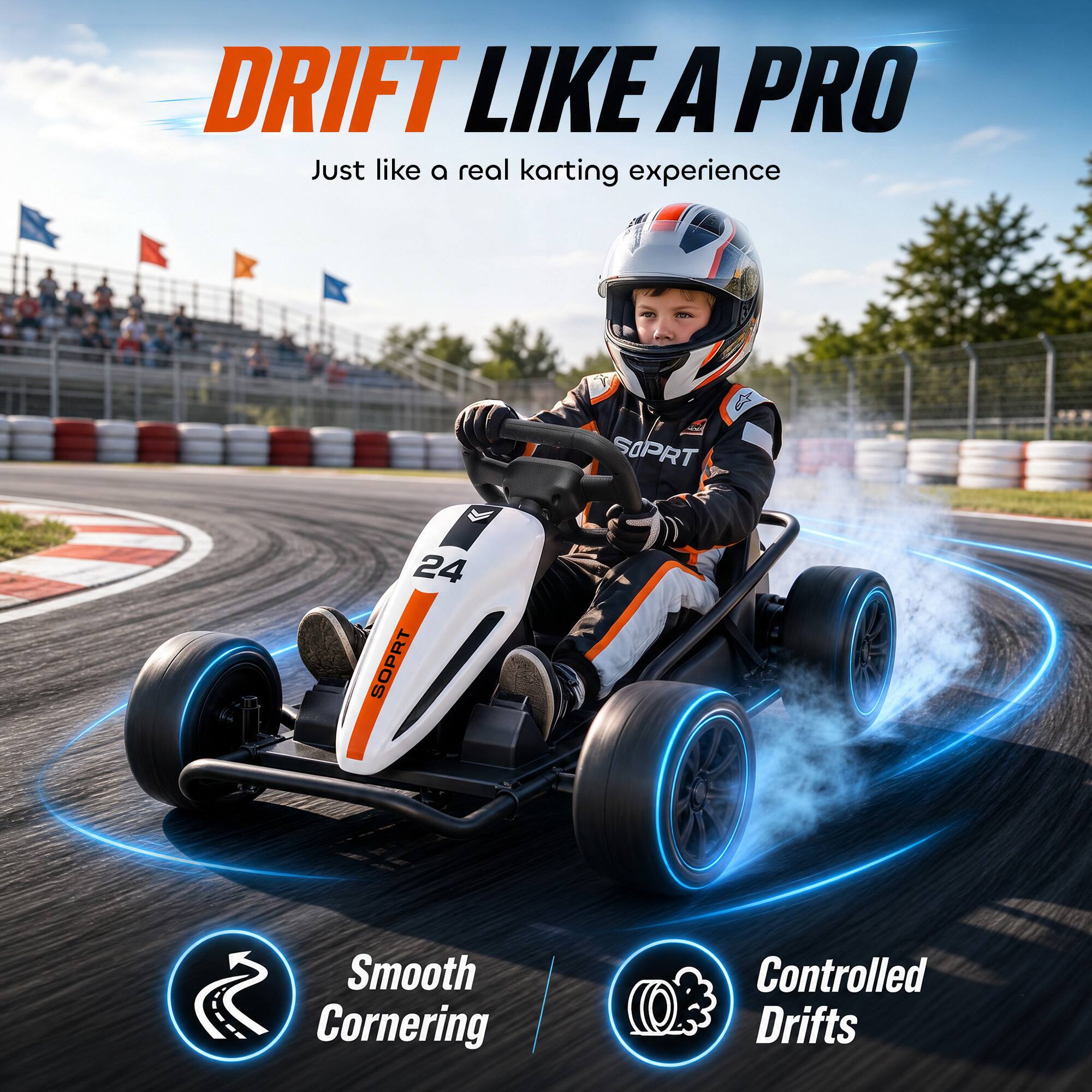 DRIFT LIKE A PRO  
Just like a real karting experience

SOPRT  
24 SOPRT

Smooth Cornering  
Controlled Drifts