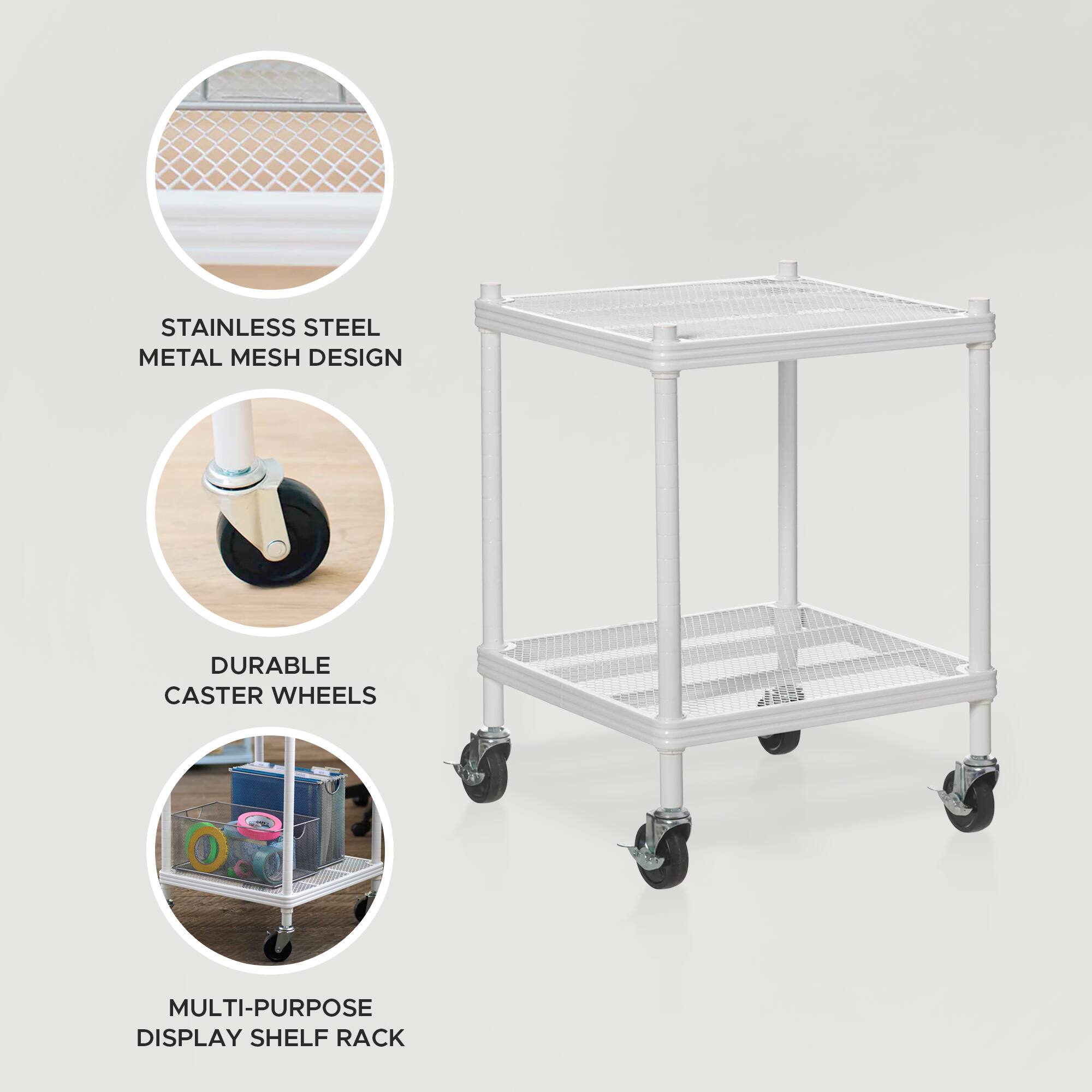 - Stainless Steel Metal Mesh Design
- Durable Caster Wheels
- Multi-Purpose Display Shelf Rack