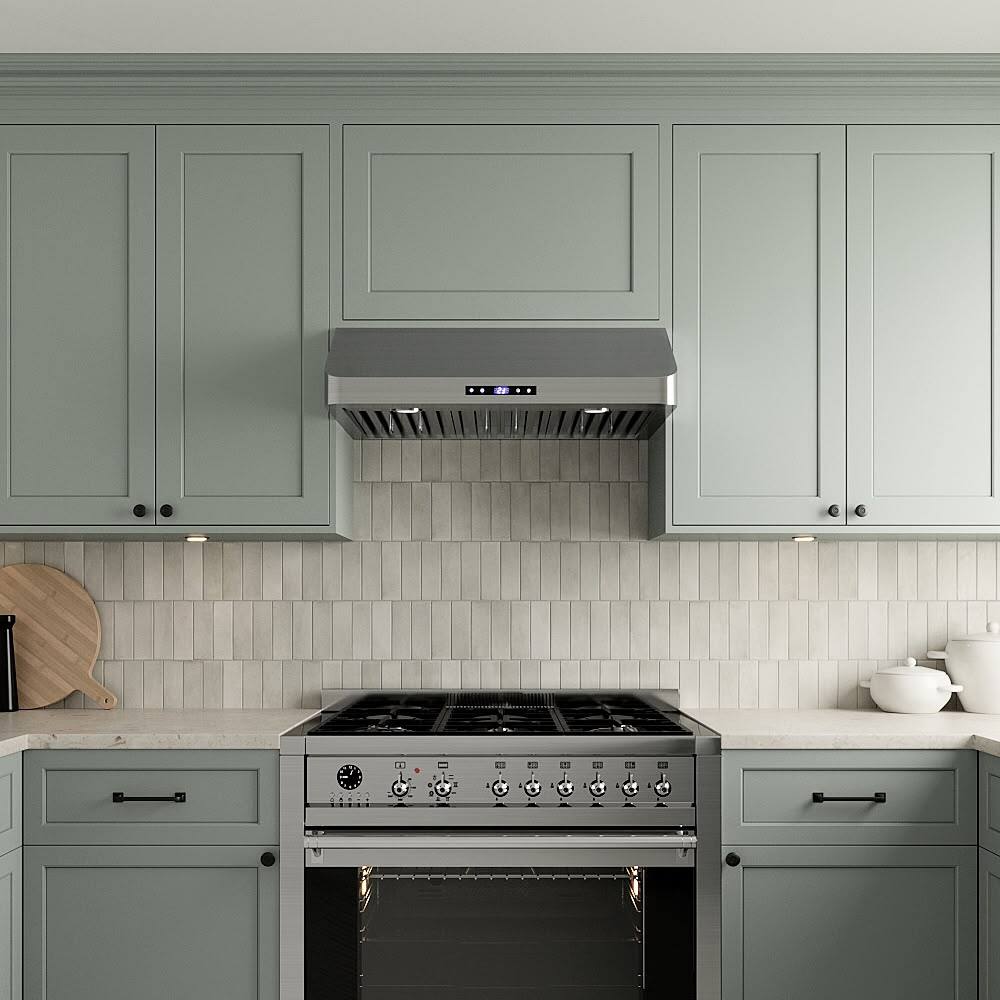 Left. Streamline - 30 in. Merlara Convertible Undermount 406 CFM Range Hood, Baffle Filters, Touchpad Control, LED Lights - Brushed Stainless Steel.