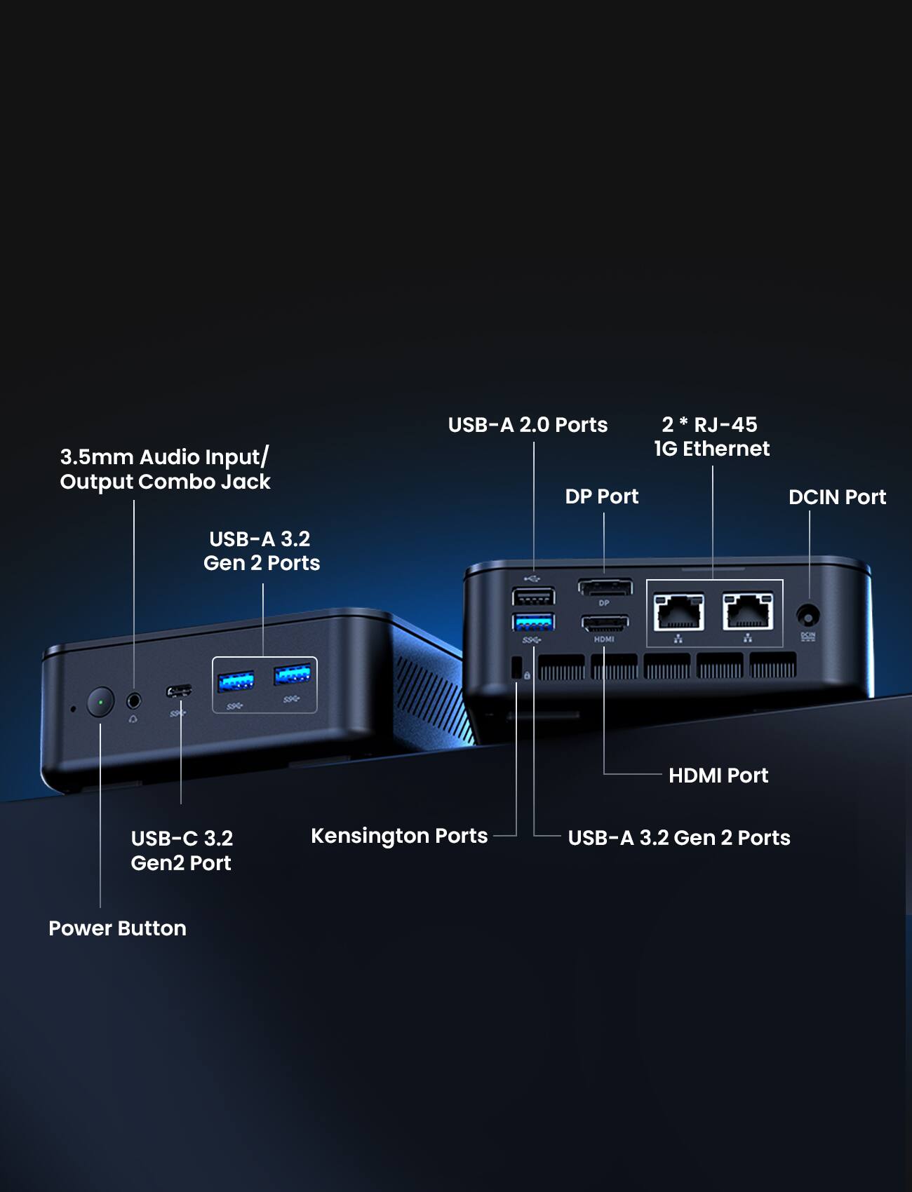 3.5mm Audio Input/Output Combo Jack  
USB-A 2.0 Ports  
2 * RJ-45 1G Ethernet  
DP Port  
DCIN Port  
USB-A 3.2 Gen 2 Ports  
HDMI Port  
USB-C 3.2 Gen2 Port  
Kensington Ports  
USB-A 3.2 Gen 2 Ports  
Power Button