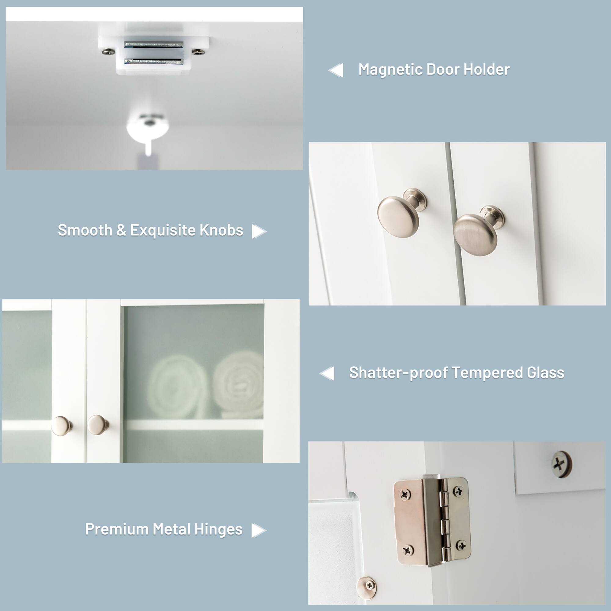 Magnetic Door Holder, Smooth & Exquisite Knobs, Shatter-proof Tempered Glass, Premium Metal Hinges