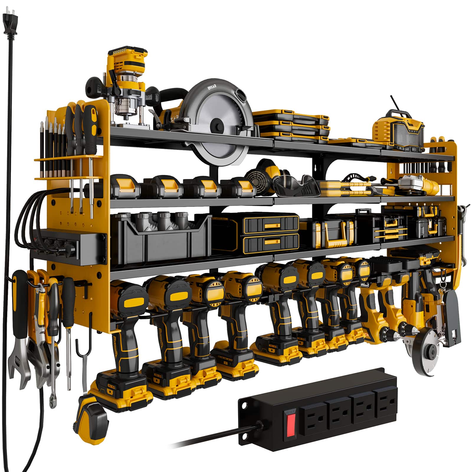 HAUSOURCE - 16.93 in. Yellow Steel 4-Tier Power Tool Organizer Shelving Wall Mount Utility Storage Rack Shelves Garage Cabinets - Black