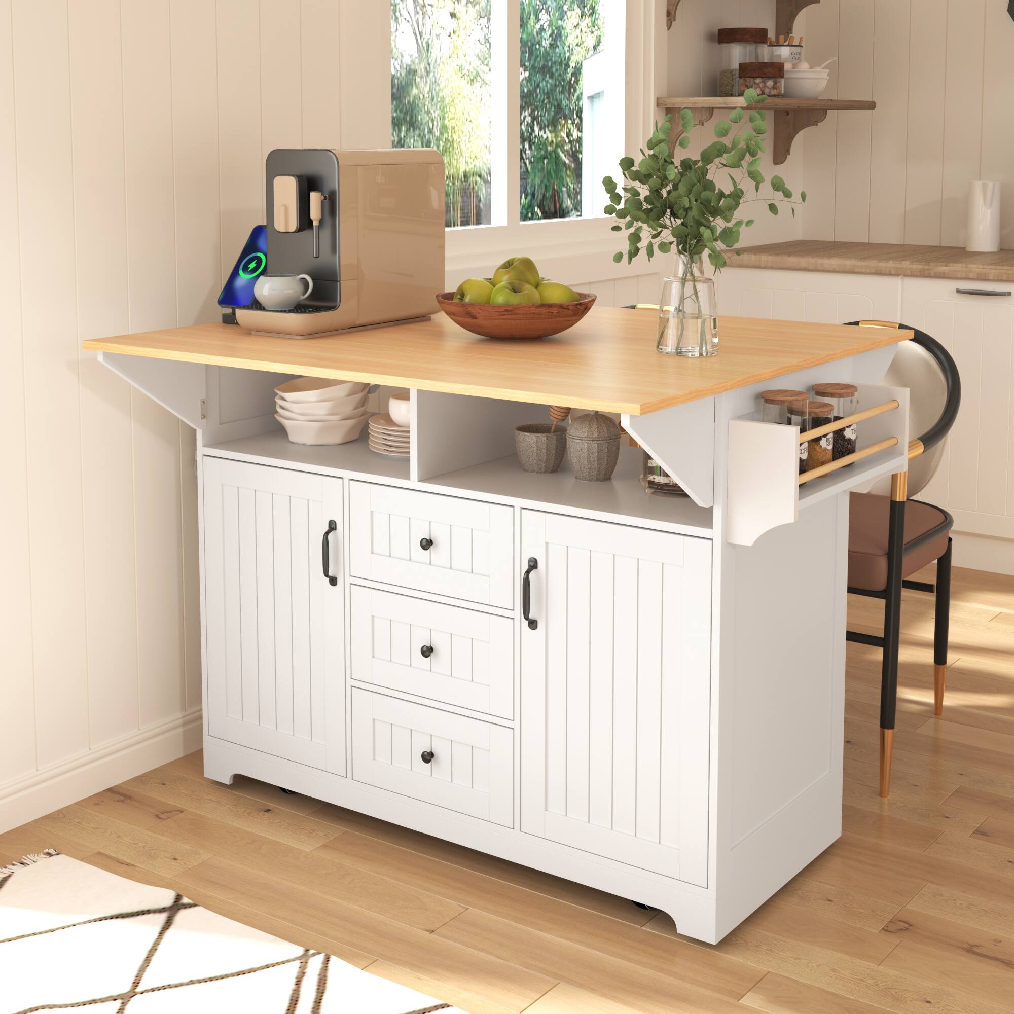 Angle. Whisen - 56" Large Kitchen Island, Rolling Cart with Power Outlet, Drop Leaf for Dining Room - White.