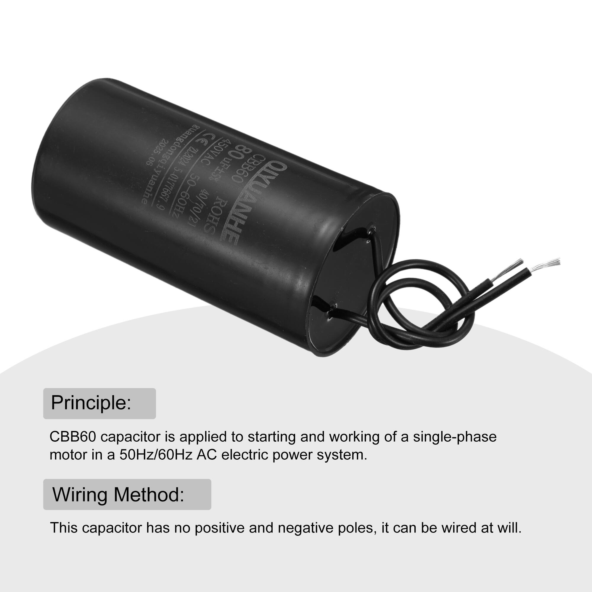 guangdongqiy 2025 CE 06 Z1.2024 450VAC CBB60 5  iyuanhe .9 0177667 50-60Hz QIYUANHE 40/70/21 ROHS

Principle: CBB60 capacitor is applied to starting and working of a single-phase motor in a 50Hz/60Hz AC electric power system.

Wiring Method: This capacitor has no positive and negative poles, it can be wired at will.