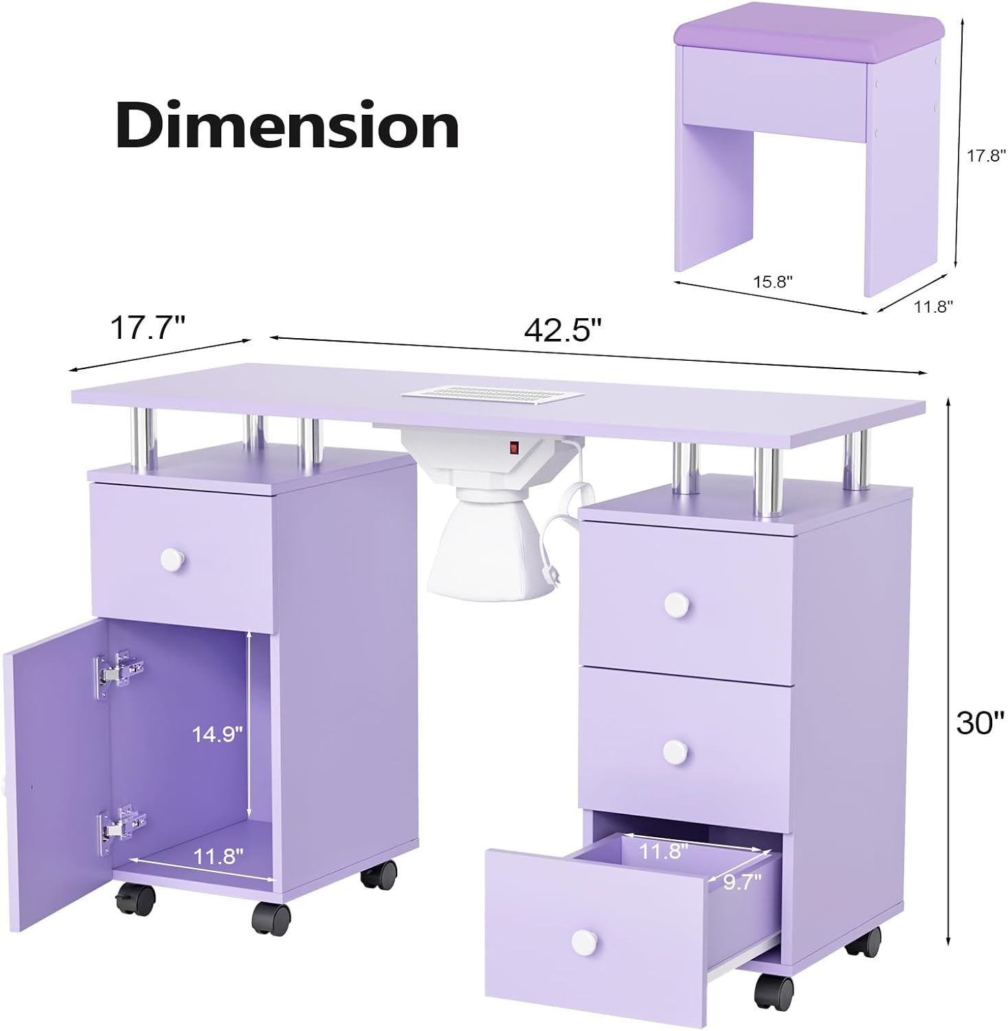 Dimension  
17.8" 17.7" 42.5" 15.8" 11.8" 14.9" 30" 11.8" 11.8" 9.7"