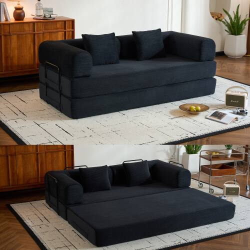 Left. Anysun - Corduroy Convertible Sleeper Sofa Bed with Cylindrical Pillow - Folding Mattress Couch for Living Room & Bedroom - Black.