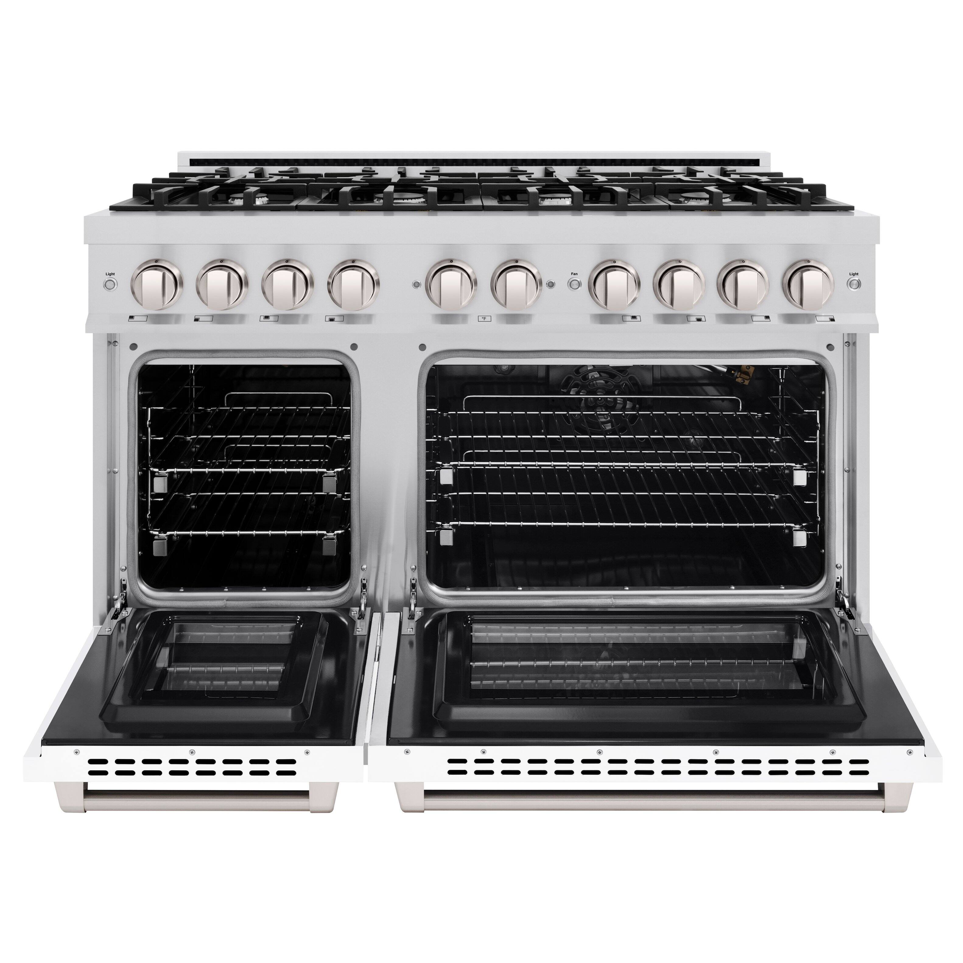 Left. ZLINE - ZLINE 48 in. 6.7 cu. ft. Freestanding Select Double Oven Gas Range w/ 8 Burner Cooktop & White Matte Doors (HGR-WM-48) - Stainless Steel.