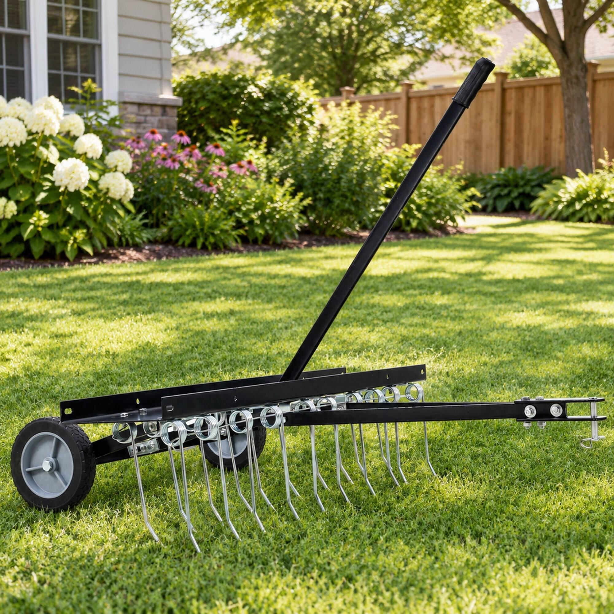 Alt View 2. RYHNUYNE - 40-Inch Tow Behind Dethatcher, Lawn Sweeper Attachment, 20 Heat-Treated Tines, 7-Inch Flat Free Wheels, 70 lbs Weight - Black.