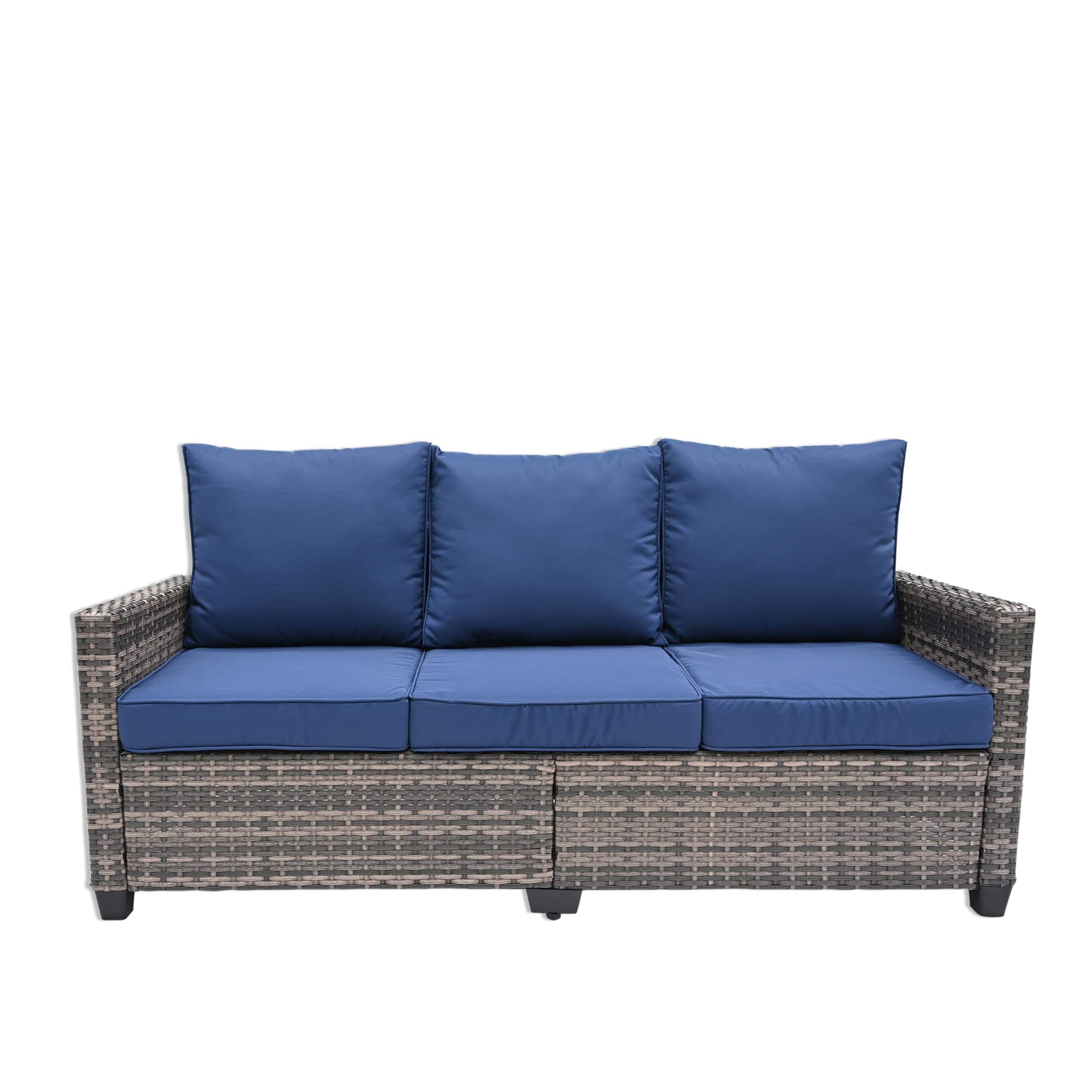 Yardgrace - 3 seat rattan patio couch Waterproof PE Wicker Outdoor Sofa with Thick Cushions mrrihand patio sofa - Blue
