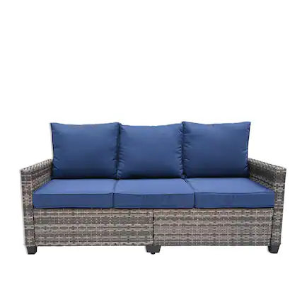 Front. Yardgrace - Yardgrace 3 seat rattan patio couch Waterproof PE Wicker Outdoor Sofa with Thick Cushions mrrihand patio sofa - Blue.