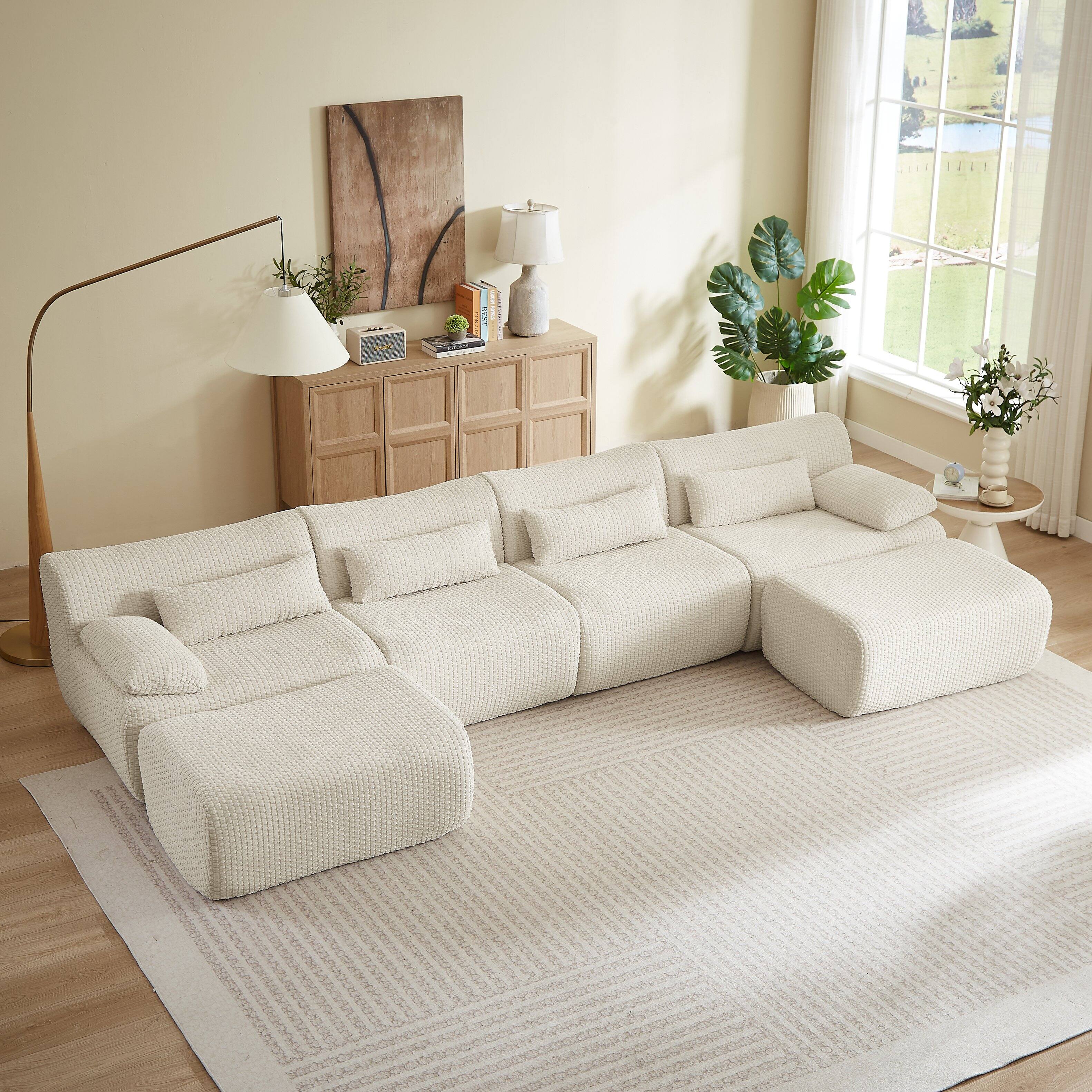 Back. Anysun - 6 Seat U-Shape Convertible Sectional Couch with Ottoman, Cloud Comfort Corduroy Fabric Sofa for Living Room - Cream.