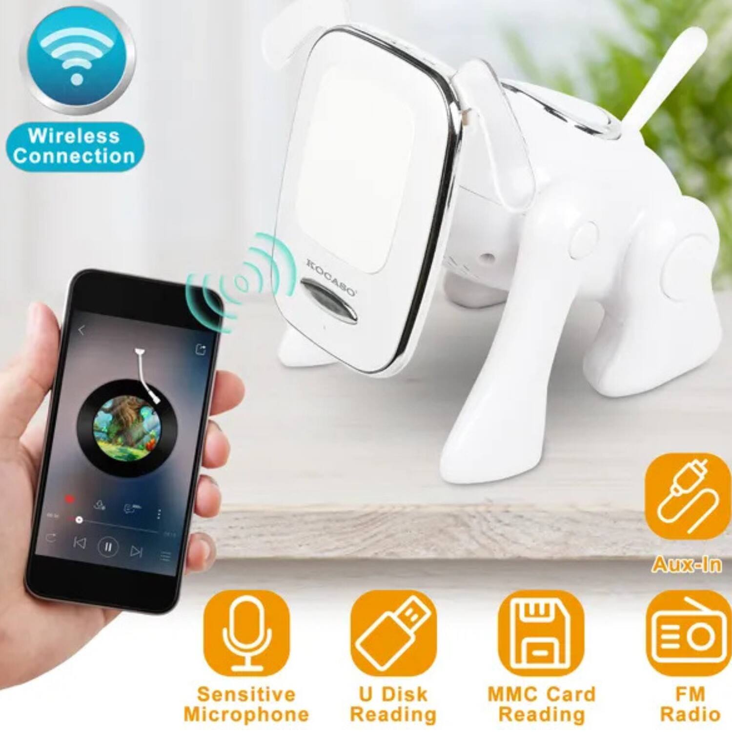 - Wireless Connection
- Sensitive Microphone
- U Disk Reading
- MMC Card Reading
- FM Radio
- Aux-In