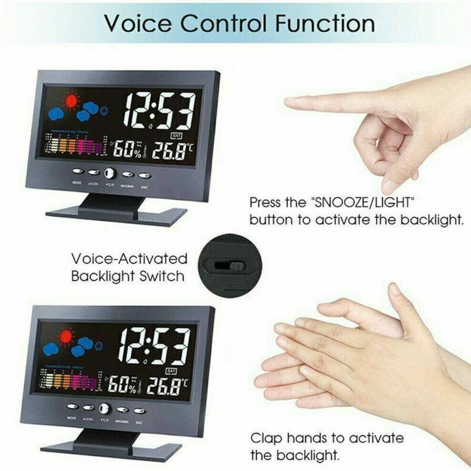 Voice Control Function

Press the "SNOOZE/LIGHT" button to activate the backlight.

Voice-Activated Backlight Switch

Clap hands to activate the backlight.