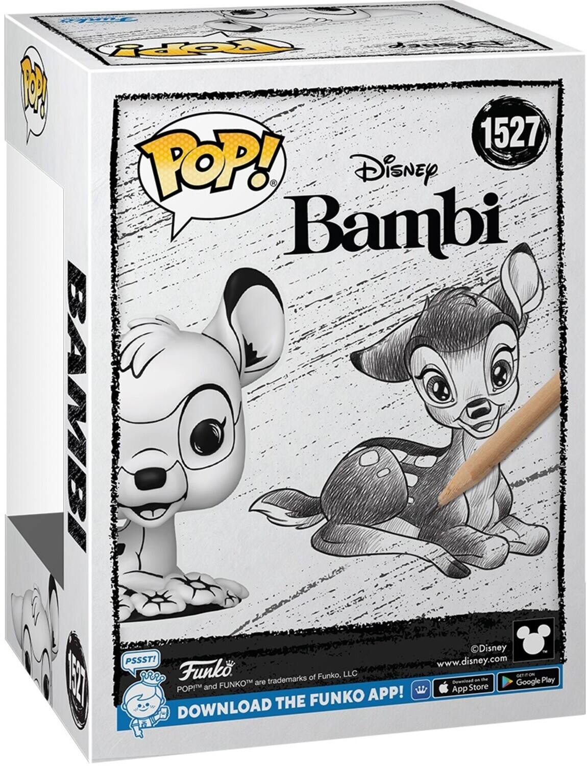 POP! Disney Bambi 1527, PSSST! www.disney.com, Funko trademarks of Funko, LLC, Download the Funko app!, App Store, Google Play, POP!M, THE FUNKO APP!