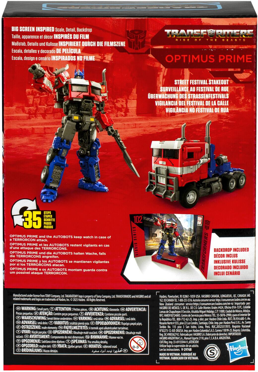 Here is the corrected and grouped text from the image:

---

**Big Screen Inspired**
- Scale, Detail, Backdrop
- Taille, apparence décor INSPIRÉS FILM
- MaBstab, Details Kulisse INSPIRIERT DURCH DIE FILMSZENE
- Escala, detalles decorado PELCULA
- Escala, diseño cenrío INSPIRADOS FILME

**Street Festival Stakeout Surveillance**
- Surveillance au festival de rue
- Überwachung des Strasenfestivals
- Vigilancia del festival de la calle
- Vigilancia no festival de rua

**Optimus Prime and the Autobots keep watch in case of attack.**
- Optimus Prime et les Autobots restent vigilants attaque TERRORCONS.
- OPTIMUS PRIME AUTOBOTS halten Wache, TERRORCONS angreifen.
- OPTIMUS PRIME AUTOBOTS mantienen vigilantes INKLUSIVE KULISSE TERRORCONS atacan.
- OPTIMUS PRIME DECORADO INCLUIDO AUTOBOTS montan guarda contra posible ataque TERRORCON.

**35 Steps**
- 35 Schritte
- 102 Pasos

**Backdrop Included**
- DCOR INCLUS OPTIMUS PRIME AUTOBOTS
- OPTIMUS PRIME DECORADO INCLUIDO
- INCLUI CENRIO

**Manufactured by TakaraTomy**
- Company: TakaraTomy
- Address: Pawtucket, 02861-1059
- Trademarks: Hasbro, Hasbro Canada, Longueuil, Canada

---

This text is grouped by the sections on the packaging, including the features, surveillance theme, and manufacturing details.