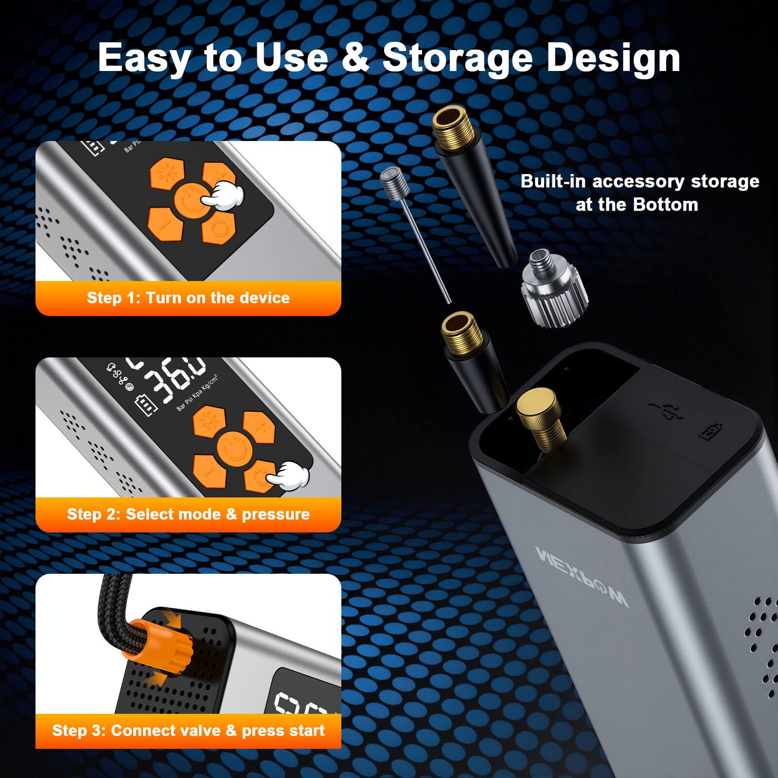 Easy to Use & Storage Design

1. Built-in accessory storage at the Bottom
2. Step 1: Turn on the device
3. Step 2: Select mode & pressure
4. Step 3: Connect valve & press start
