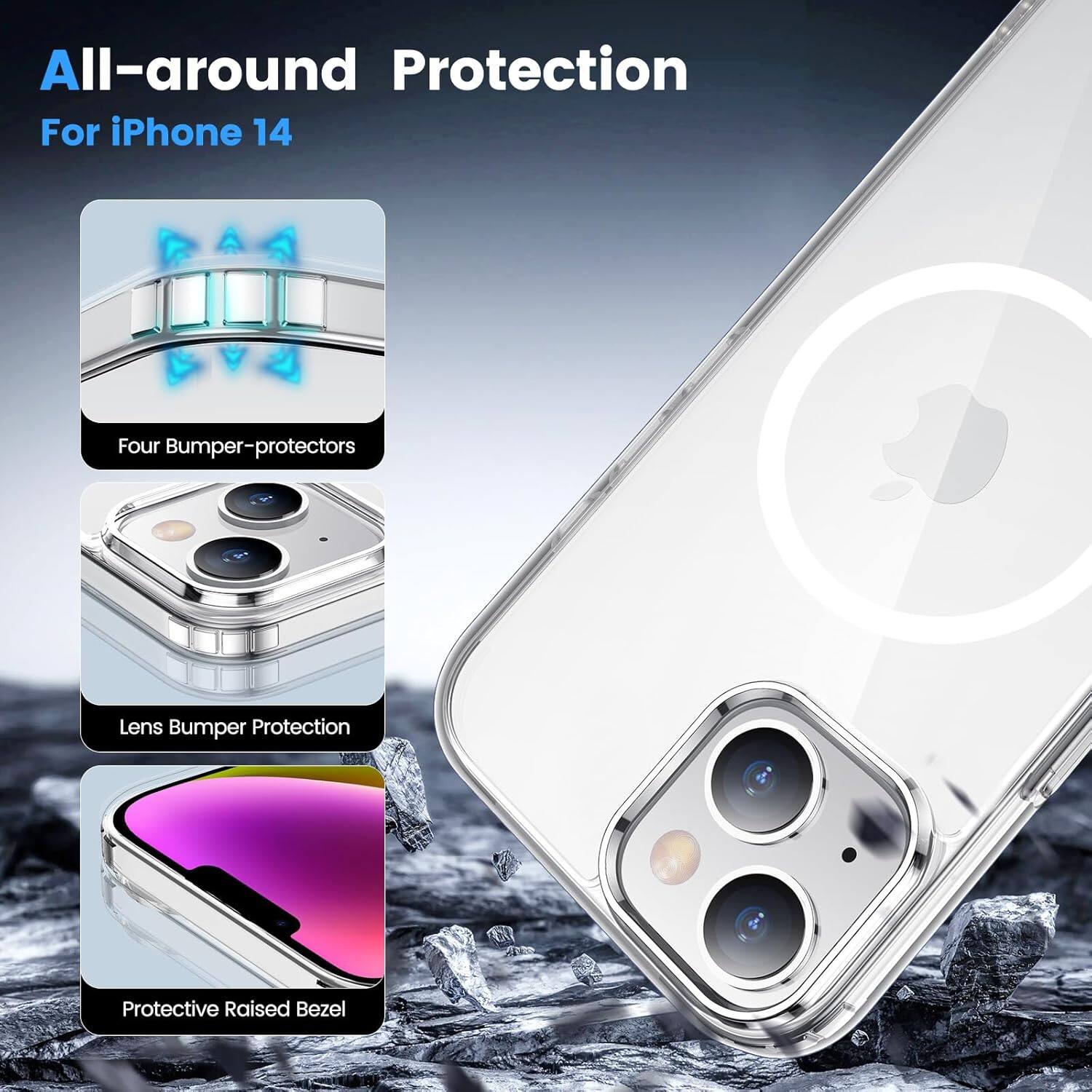 All-around Protection For iPhone 14
Four Bumper-protectors
Lens Bumper Protection
Protective Raised Bezel