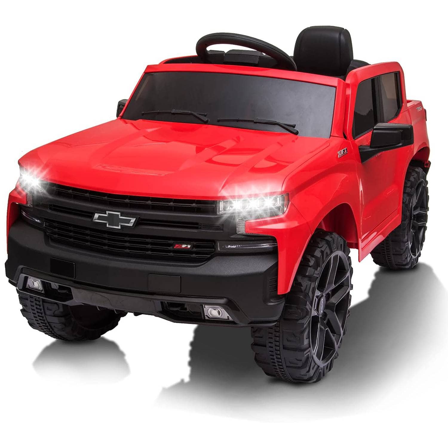 Babevy - 12V Chevy Silverado Ride-On Truck for Kids, Remote, Licensed, MP3, FM, Spring Suspension, LED - Red