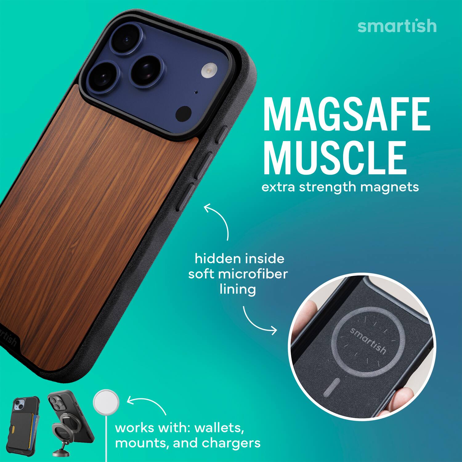 smartish MAGSAFE MUSCLE extra strength magnets hidden inside soft microfiber lining smartish works with: wallets, mounts, and chargers